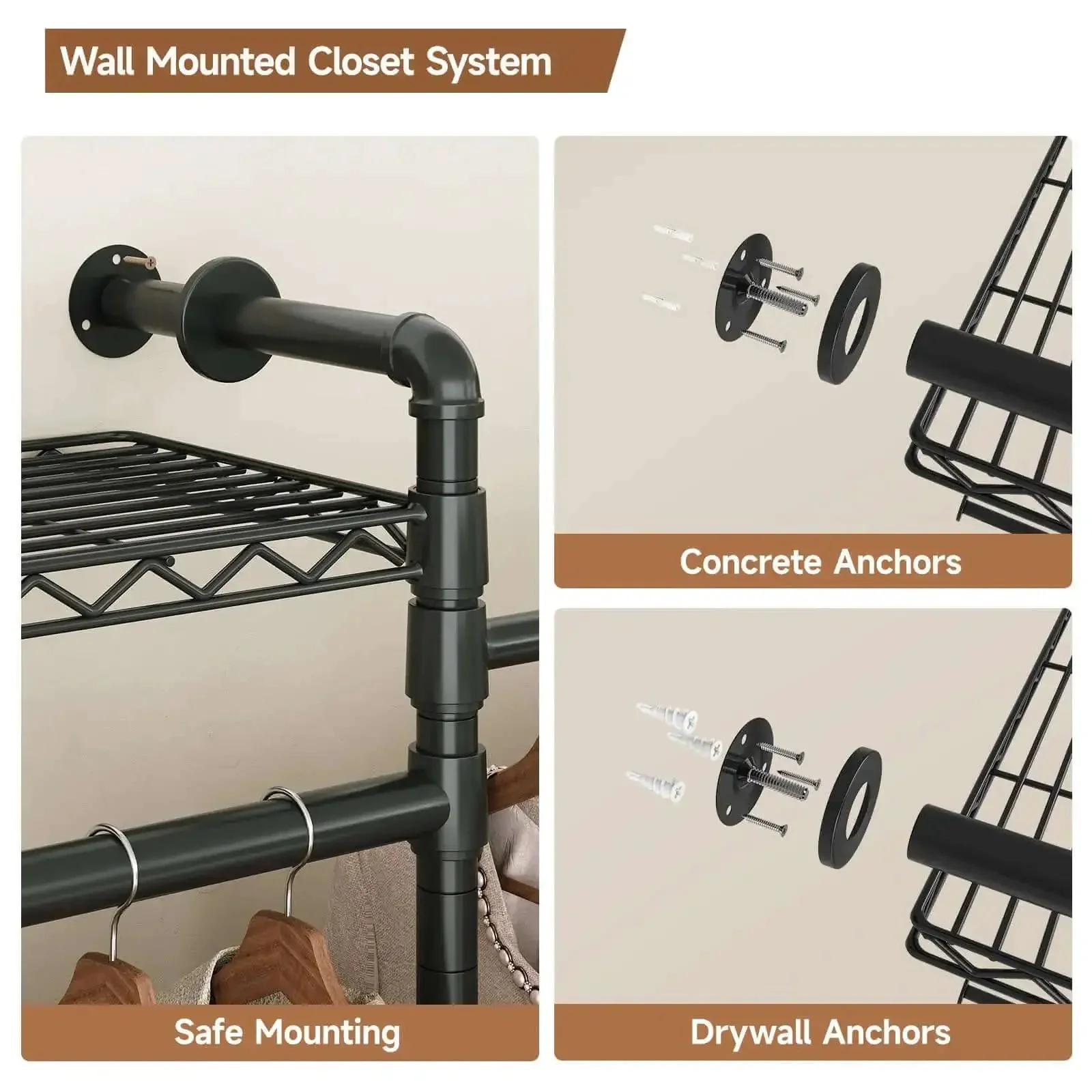 Wall Mounted Garment Rack With Four Expandable Rods And Eight Adjustable Shelves, Industrial Pipe Clothing Racks In Black Metal For Walk-In Closets, Easy Assembly With Threaded Joints, Versatile Hanging Clothes Organizer And Storage - Image 4