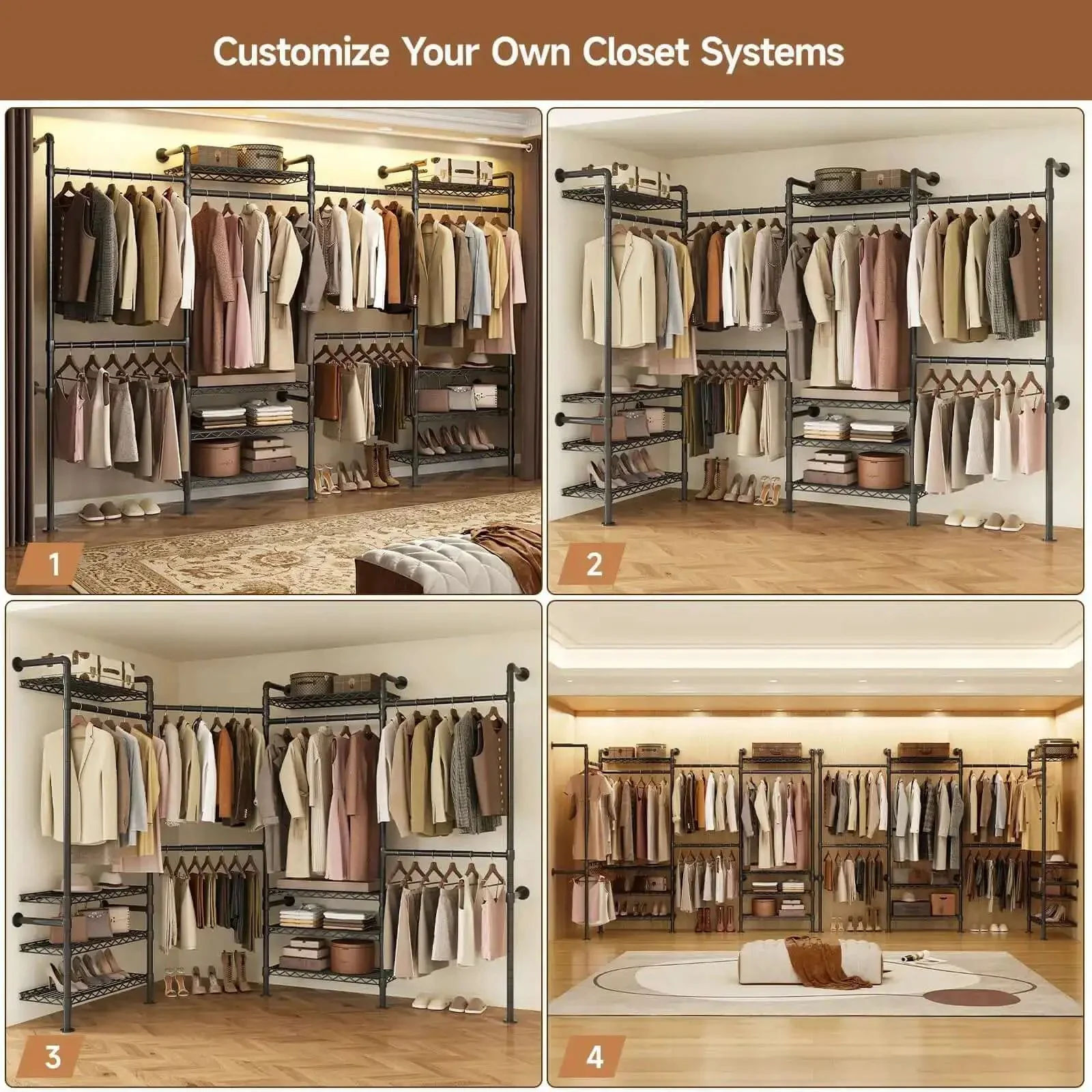 Wall Mounted Garment Rack With Four Expandable Rods And Eight Adjustable Shelves, Industrial Pipe Clothing Racks In Black Metal For Walk-In Closets, Easy Assembly With Threaded Joints, Versatile Hanging Clothes Organizer And Storage - Image 7
