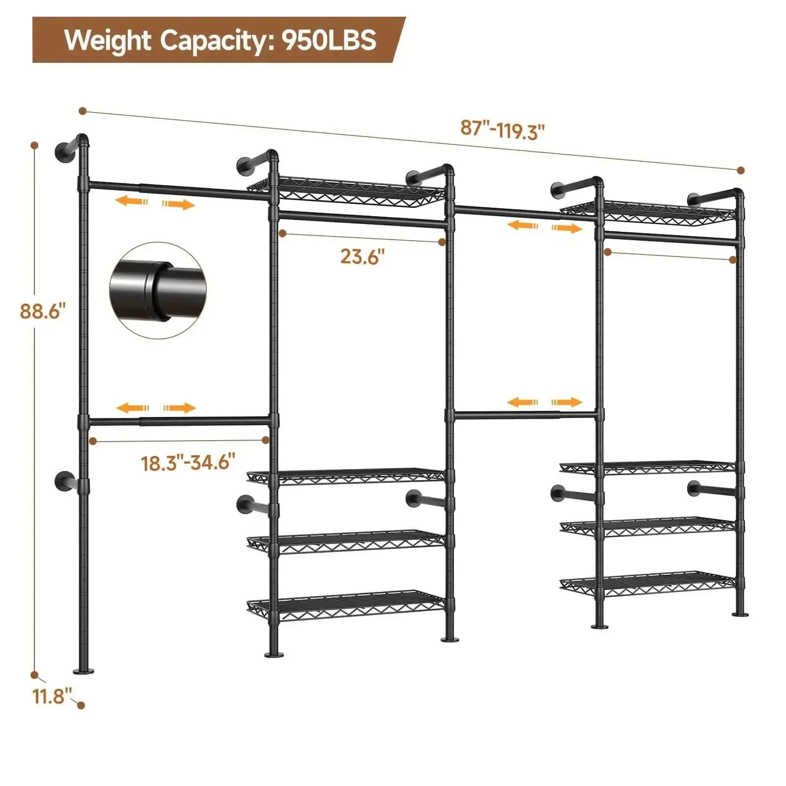 Wall Mounted Garment Rack With Four Expandable Rods And Eight Adjustable Shelves, Industrial Pipe Clothing Racks In Black Metal For Walk-In Closets, Easy Assembly With Threaded Joints, Versatile Hanging Clothes Organizer And Storage - Image 9