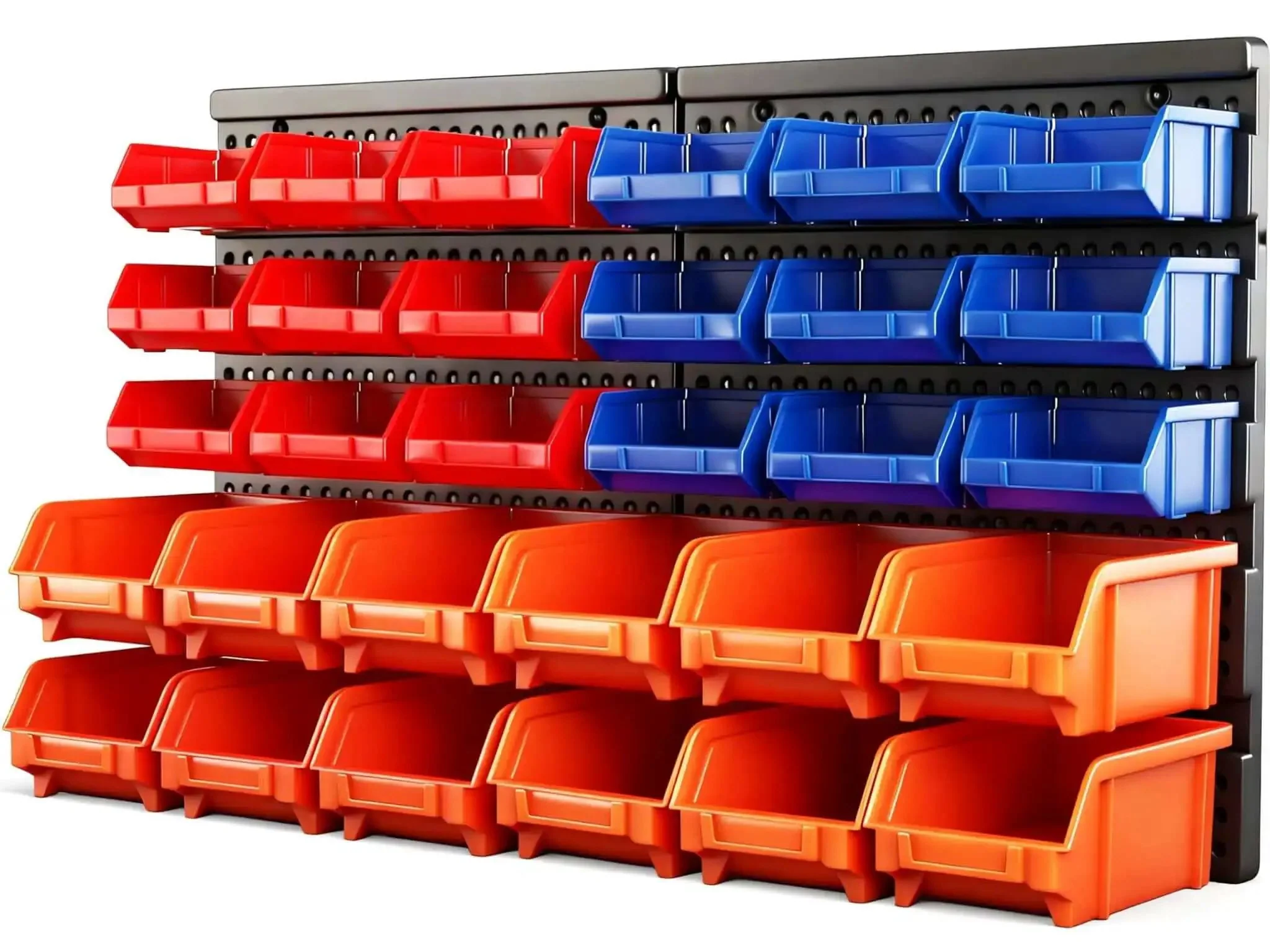 Wall Mounted Storage Bin Rack Kit 30 Piece Parts Organizer For Garage And Shop Durable Plastic With Color Coded Red Blue Orange Bins Removable Slat Wall Mount Heavy Duty Tool Storage Gift