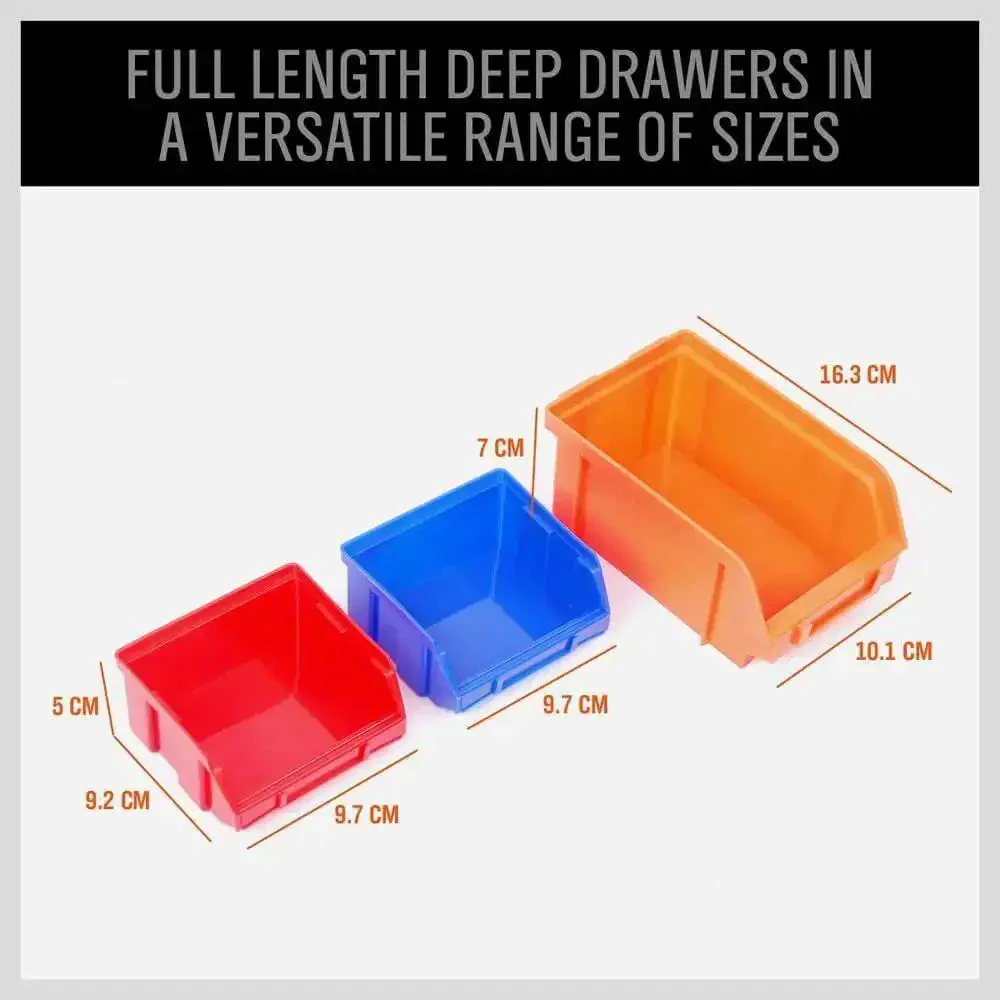 Wall Mounted Storage Bin Rack Kit 30 Piece Parts Organizer For Garage And Shop Durable Plastic With Color Coded Red Blue Orange Bins Removable Slat Wall Mount Heavy Duty Tool Storage Gift - Image 5