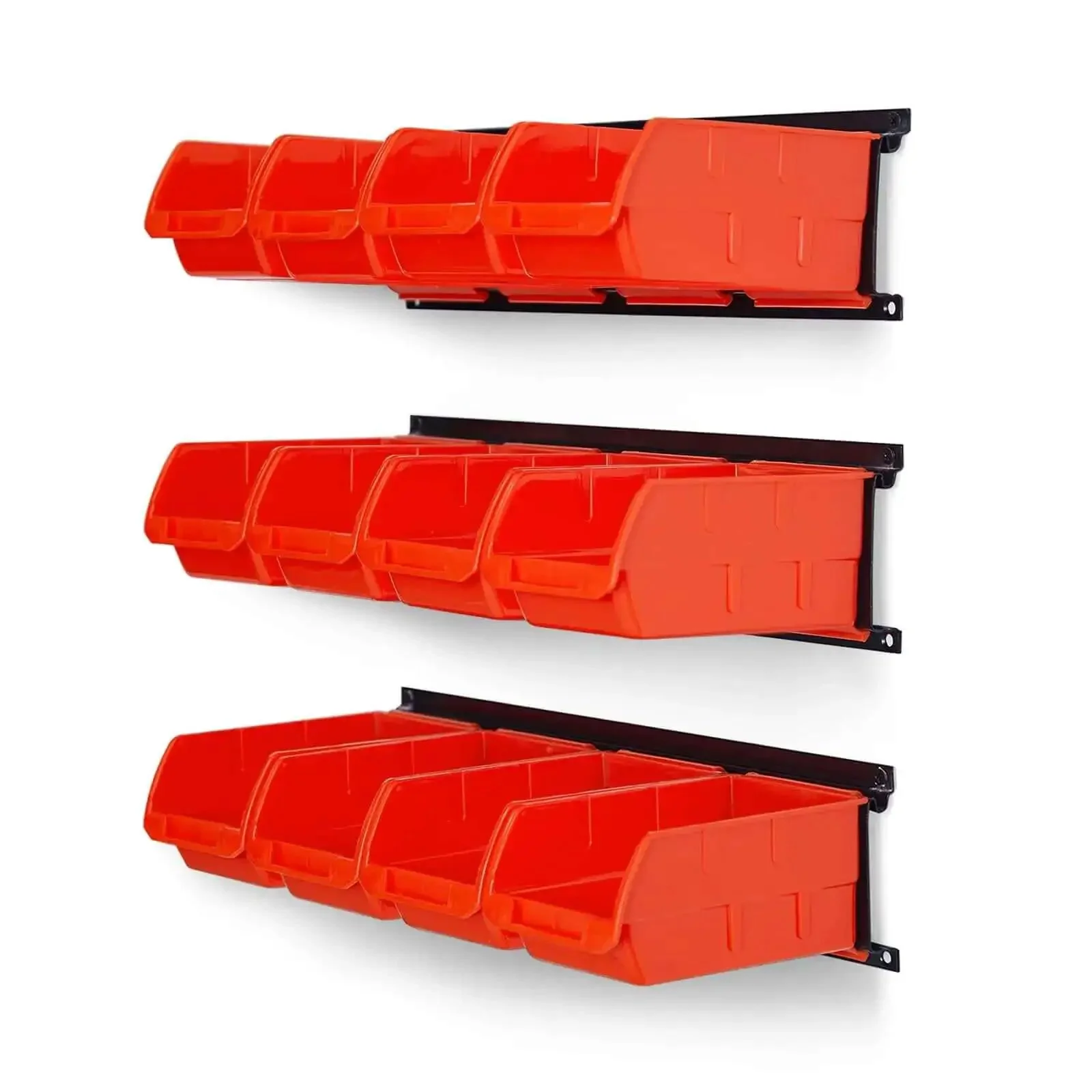 Wall Mounted Storage Bins Set With 12 Plastic Bins And 3 Rails For Garage Tools Hanging Organizer For Screws Nuts Bolts Nails And Small Hardware Durable Orange Storage System For Easy Access And Clean Efficient Organization