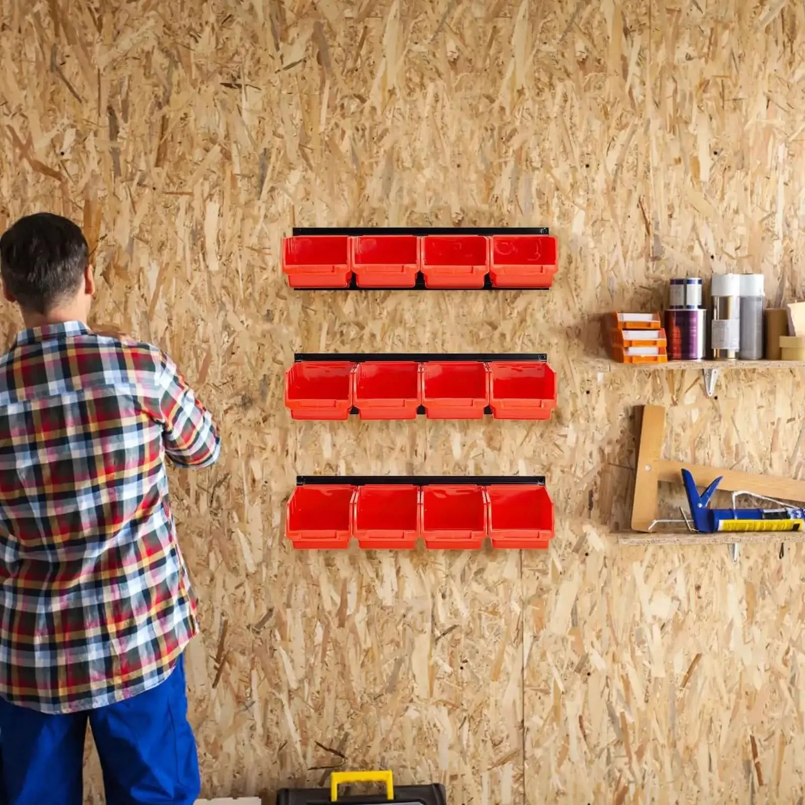 Wall Mounted Storage Bins Set With 12 Plastic Bins And 3 Rails For Garage Tools Hanging Organizer For Screws Nuts Bolts Nails And Small Hardware Durable Orange Storage System For Easy Access And Clean Efficient Organization - Image 2