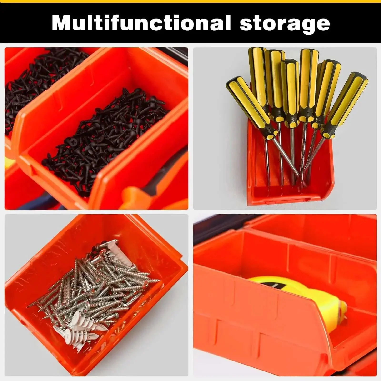 Wall Mounted Storage Bins Set With 12 Plastic Bins And 3 Rails For Garage Tools Hanging Organizer For Screws Nuts Bolts Nails And Small Hardware Durable Orange Storage System For Easy Access And Clean Efficient Organization - Image 5