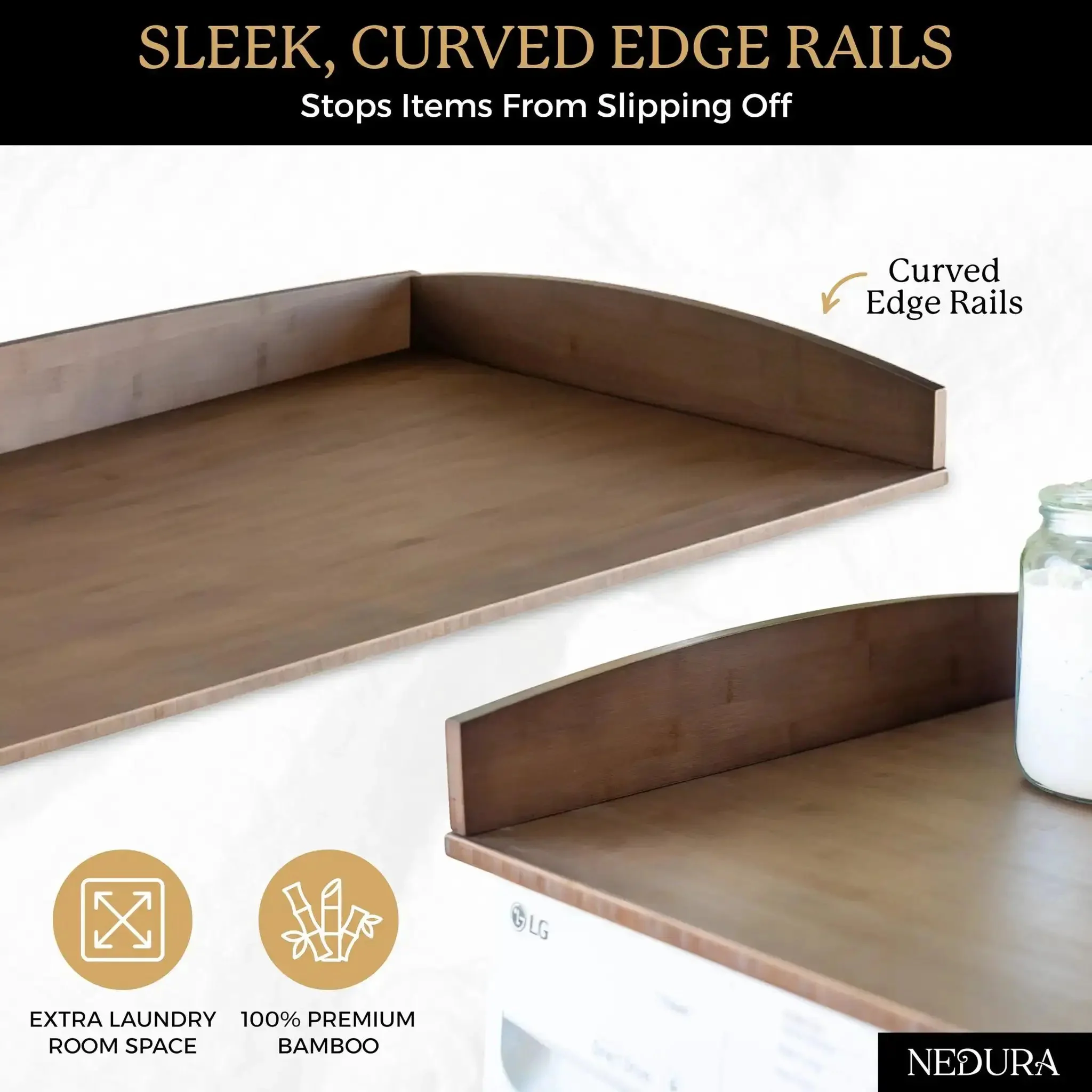 Washer And Dryer Countertop Topper With Anti Vibration Pads And Curved Edge Rails Must Have Space Saver Premium Bamboo Surface In Dark Walnut 54 Inch Wide Laundry Room Organizer Fits Most Front Load Washers And Dryers - Image 3