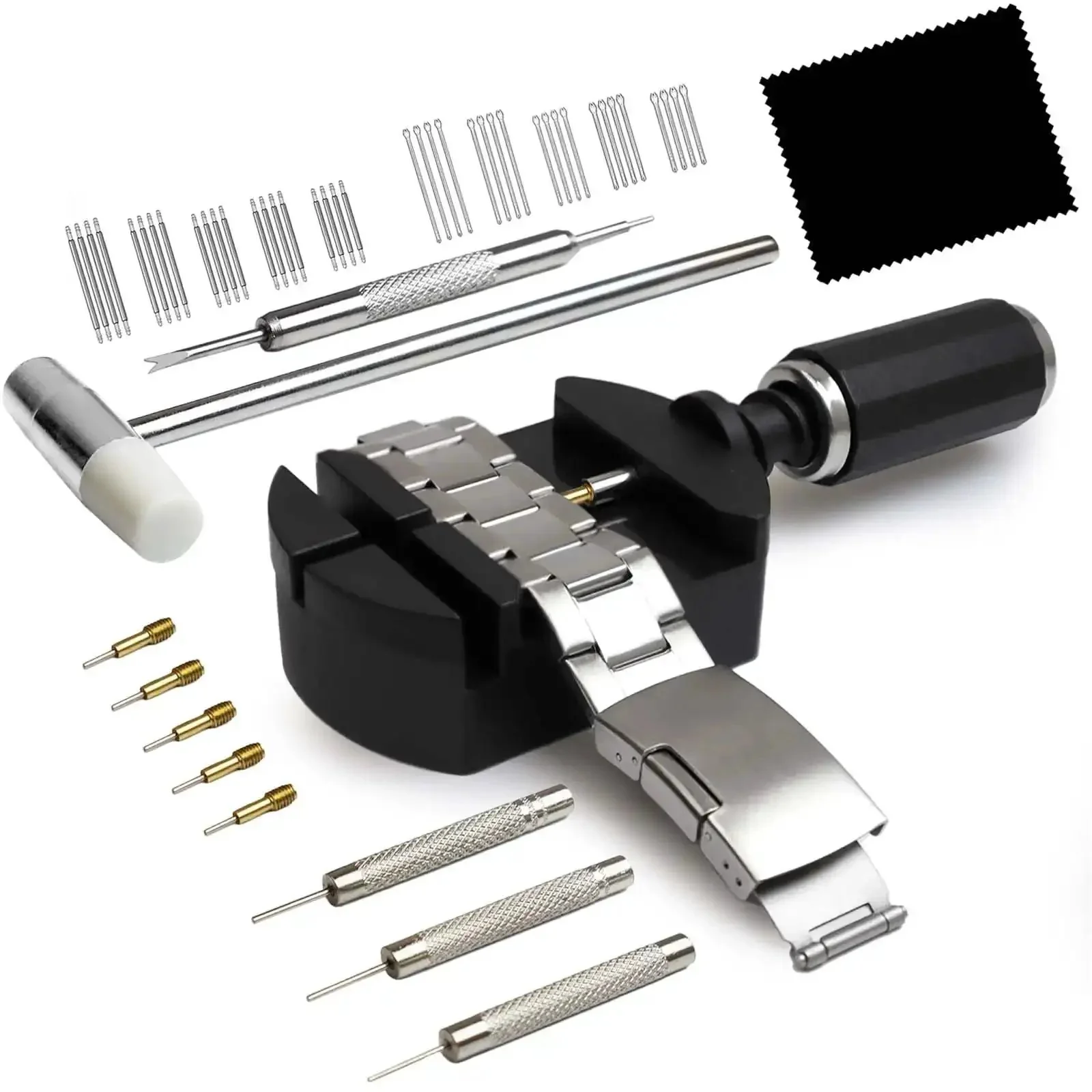 Watch Link Removal Kit With Hammer And Spring Bar Tool For Quick Band Sizing And Strap Adjustment, Replacement Pins, Hairpins, And Cleaning Cloth, The DIY Fix For Metal Watch Bands