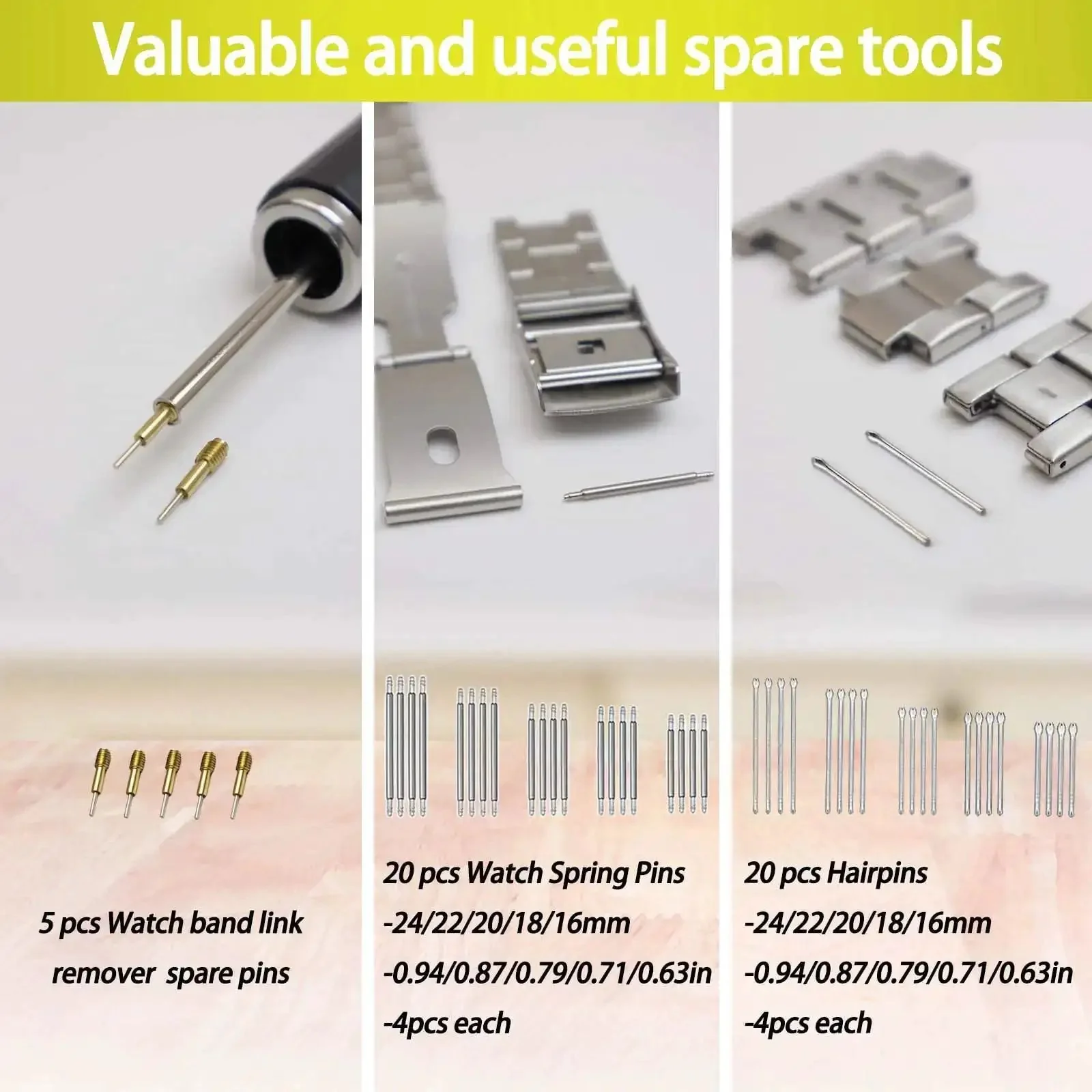 Watch Link Removal Kit With Hammer And Spring Bar Tool For Quick Band Sizing And Strap Adjustment, Replacement Pins, Hairpins, And Cleaning Cloth, The DIY Fix For Metal Watch Bands - Image 2
