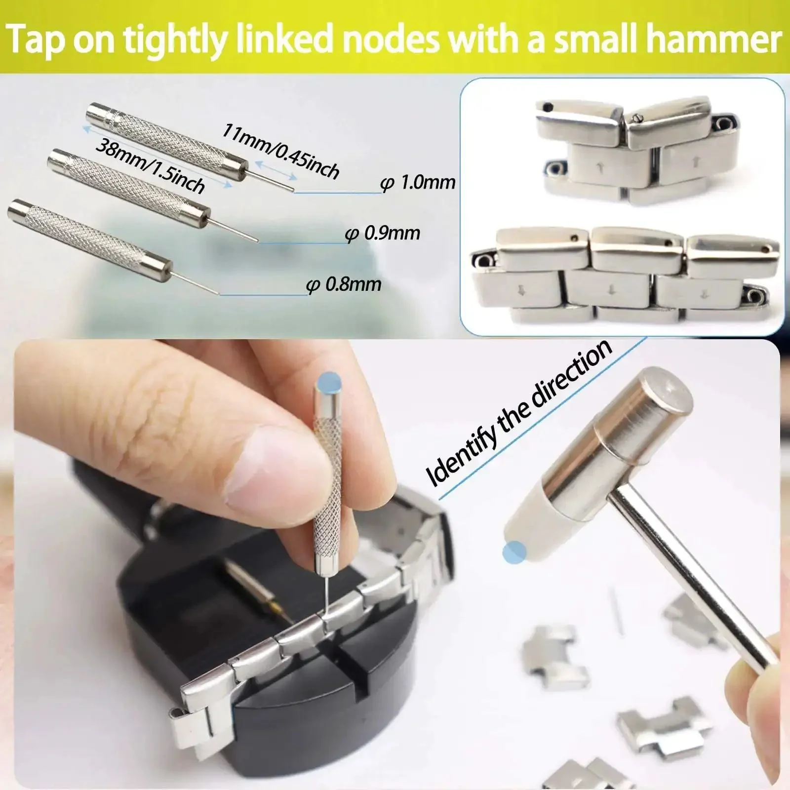 Watch Link Removal Kit With Hammer And Spring Bar Tool For Quick Band Sizing And Strap Adjustment, Replacement Pins, Hairpins, And Cleaning Cloth, The DIY Fix For Metal Watch Bands - Image 4