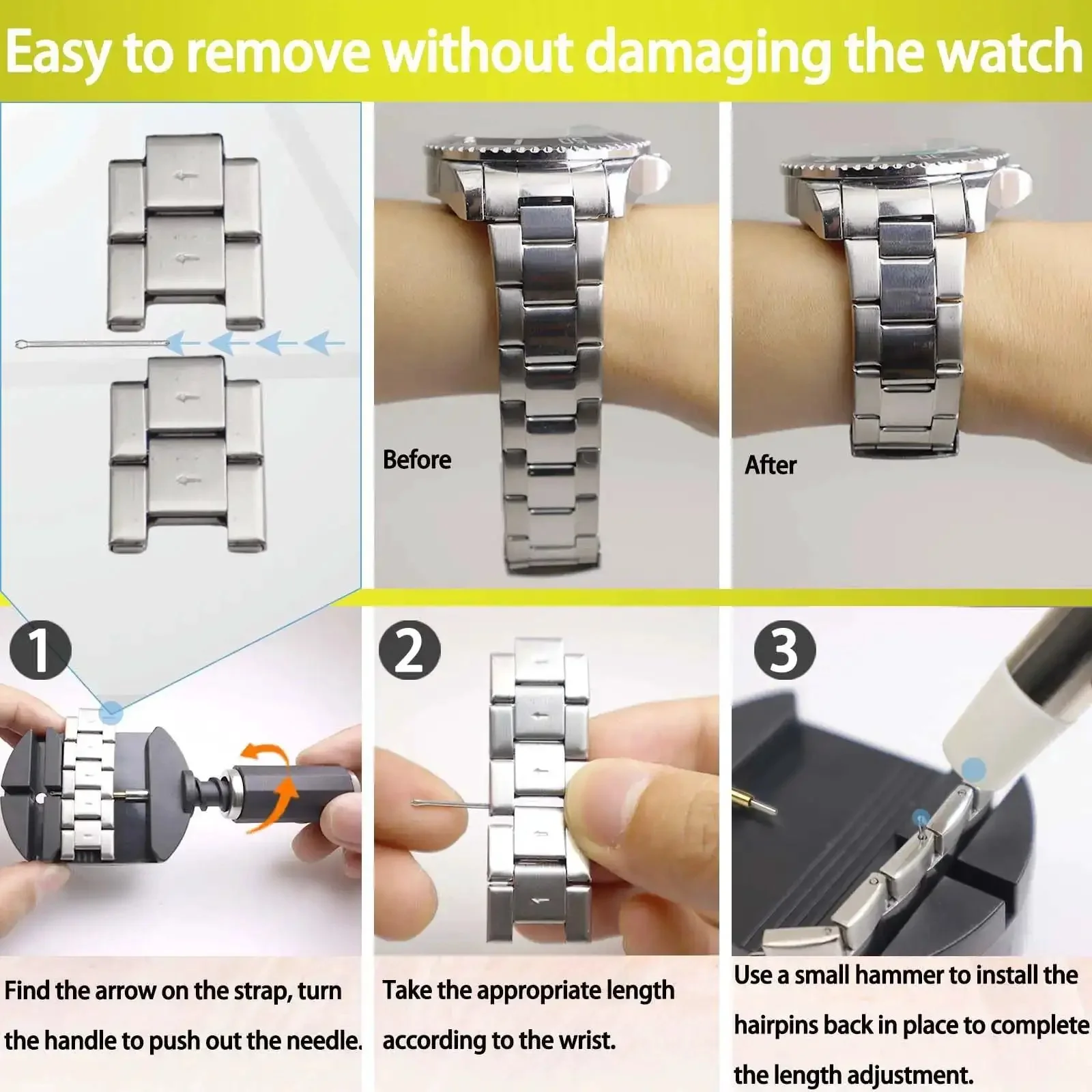 Watch Link Removal Kit With Hammer And Spring Bar Tool For Quick Band Sizing And Strap Adjustment, Replacement Pins, Hairpins, And Cleaning Cloth, The DIY Fix For Metal Watch Bands - Image 5