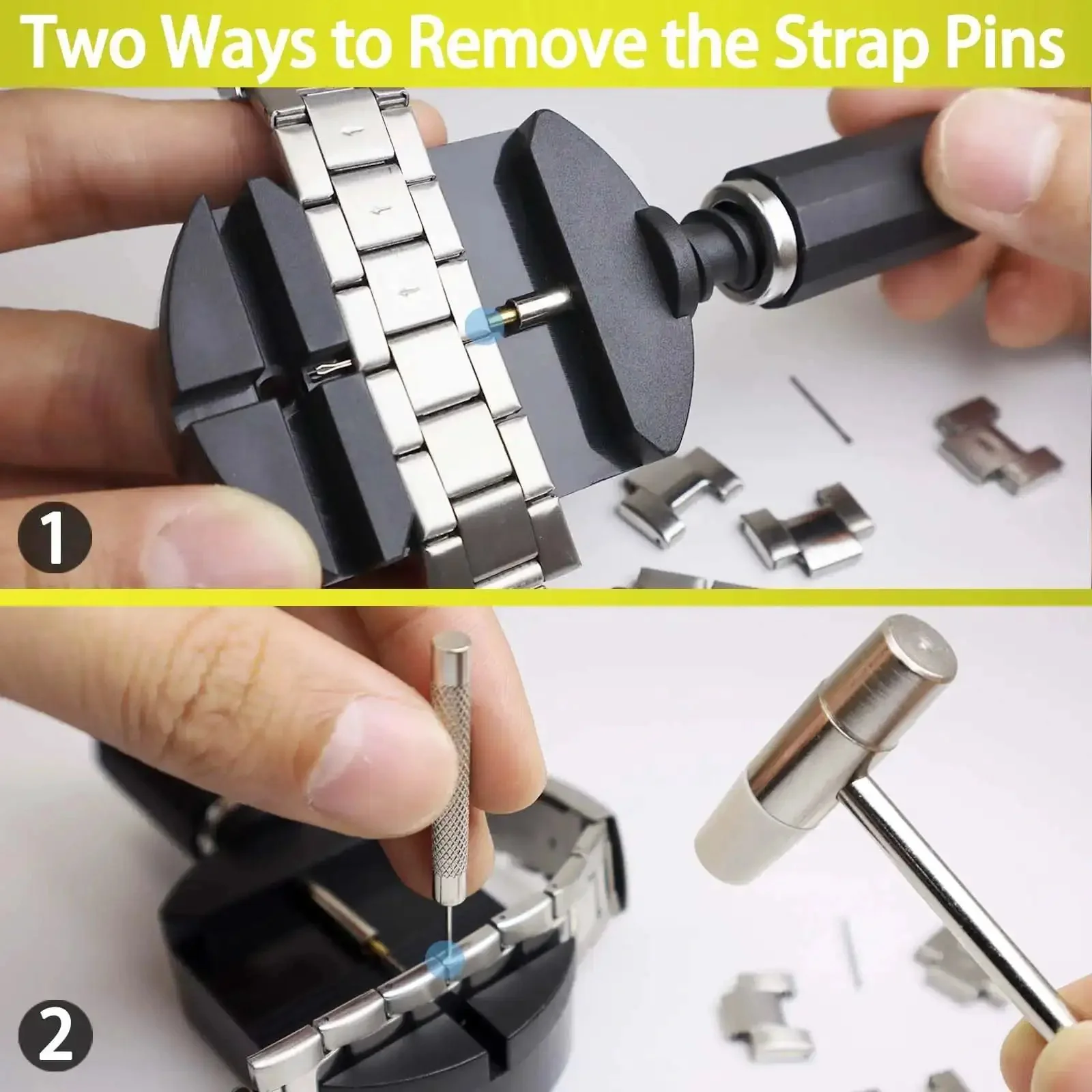 Watch Link Removal Kit With Hammer And Spring Bar Tool For Quick Band Sizing And Strap Adjustment, Replacement Pins, Hairpins, And Cleaning Cloth, The DIY Fix For Metal Watch Bands - Image 6