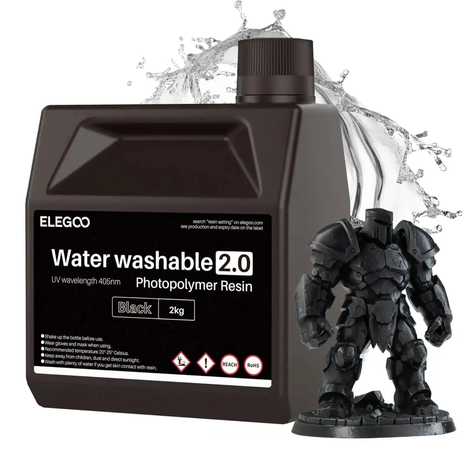 Water Washable Resin 2.0 For 405nm UV Curing, Low Viscosity, Higher Toughness, Black 2Kg, Fits Saturn Mars Jupiter MSLA DLP LCD 3D Printers, Quick Water Rinse, No Fuss Cleanup, Easy Post Processing