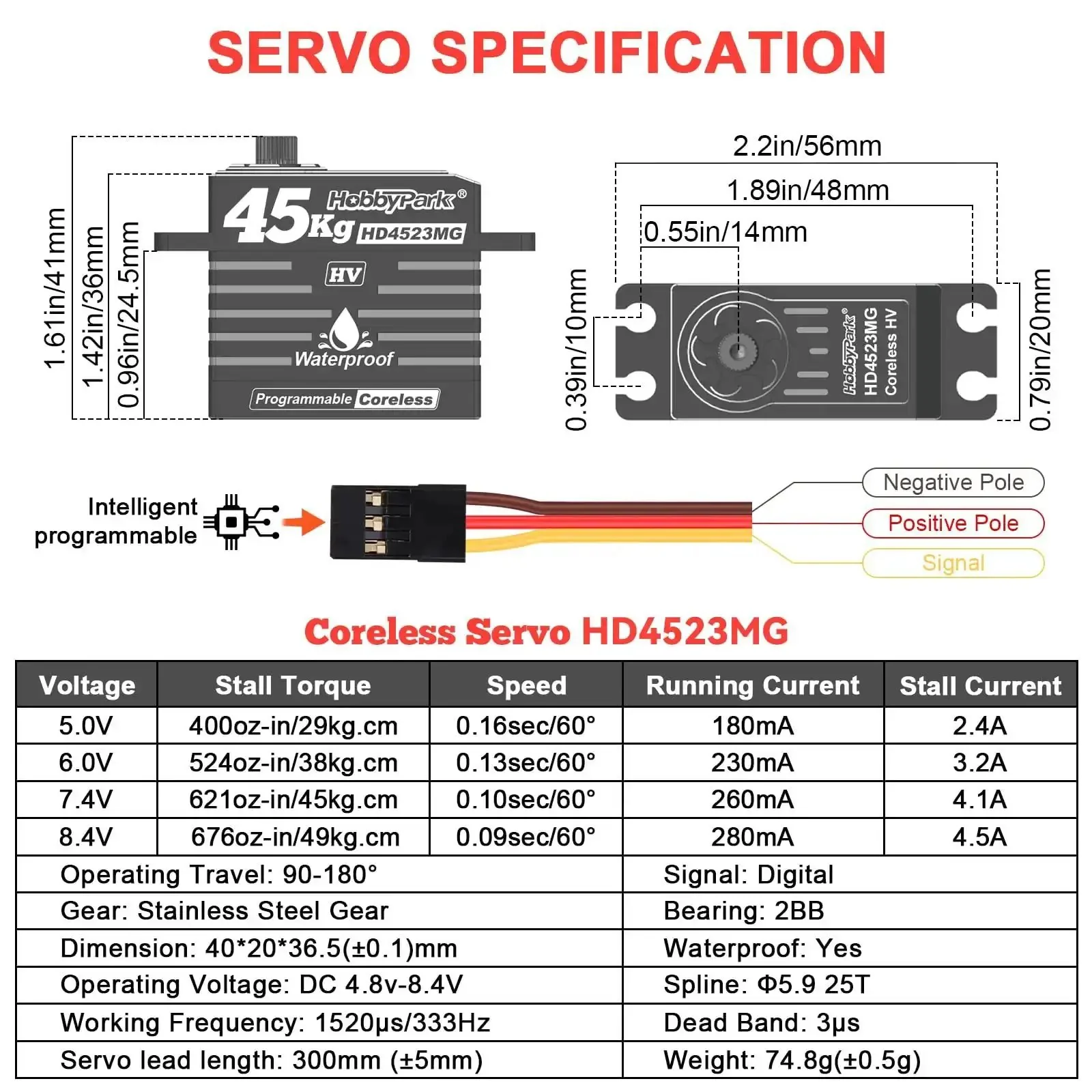 Waterproof 45Kg/cm Coreless HV RC Servo With Full Metal Gear 8.4V Beefy Torque Programmable Servo For 1 By 8 And 1 By 10 RC Crawlers Trucks Cars Buggy Robotic Control 180 Degree Travel 2BB Bearings - Image 4