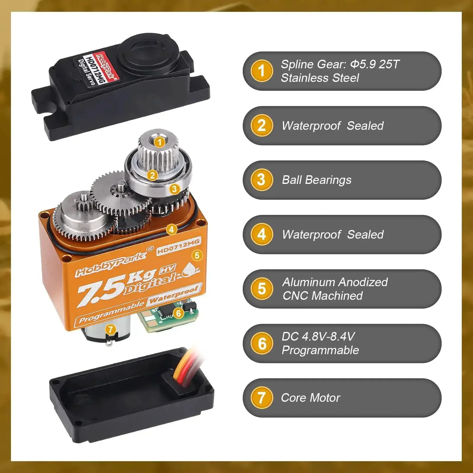 Waterproof 7.5Kg High Torque RC Micro Servo With Metal Gear Digital For One Eighteenth And One Tenth Scale Crawlers, Tough Outdoor Ready Steering And Shift Servo For TRX4M, SCX10, Losi Mini LMT, Redcat Ascent-18, LMT, And More - Image 6