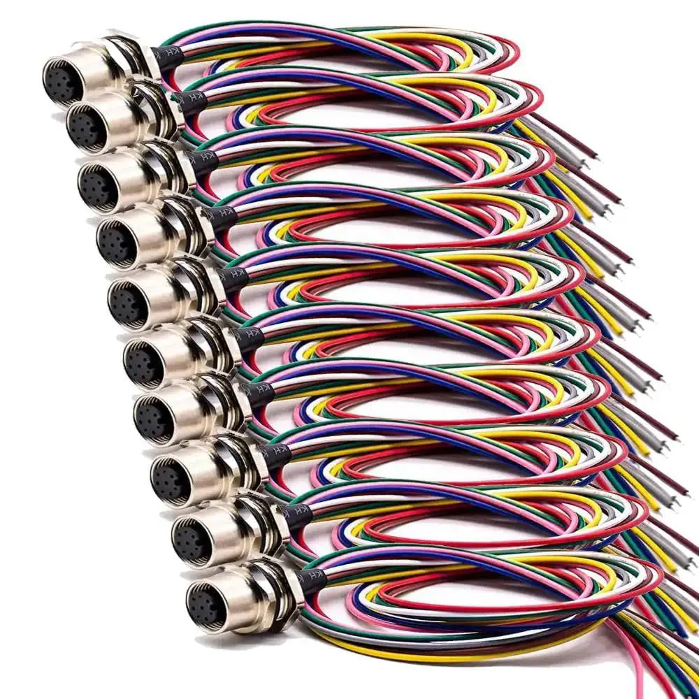 Waterproof M12 8 Pin Sensor Receptacle Connector A Coded Aviation Socket Female Straight Shielded Solder Type Back Mount Wiring 0.2m Wireable Cable Built For Rugged Industrial Round Connectors