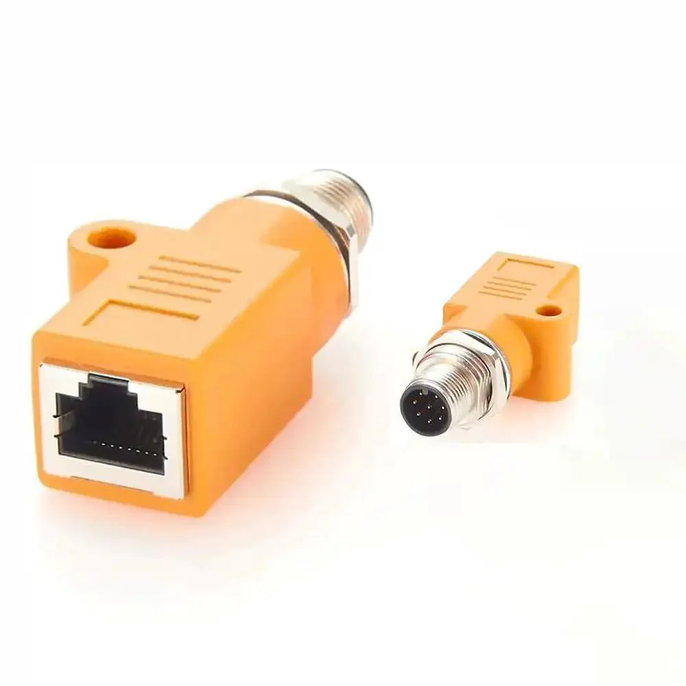 Waterproof M12 To RJ45 Bulkhead Adapter A Code 8 Pin Male To RJ45 Jack Straight Orange For Industrial Automation Machinery Sensors Easy Install And Weatherproof Connection For Reliable Industrial Networking
