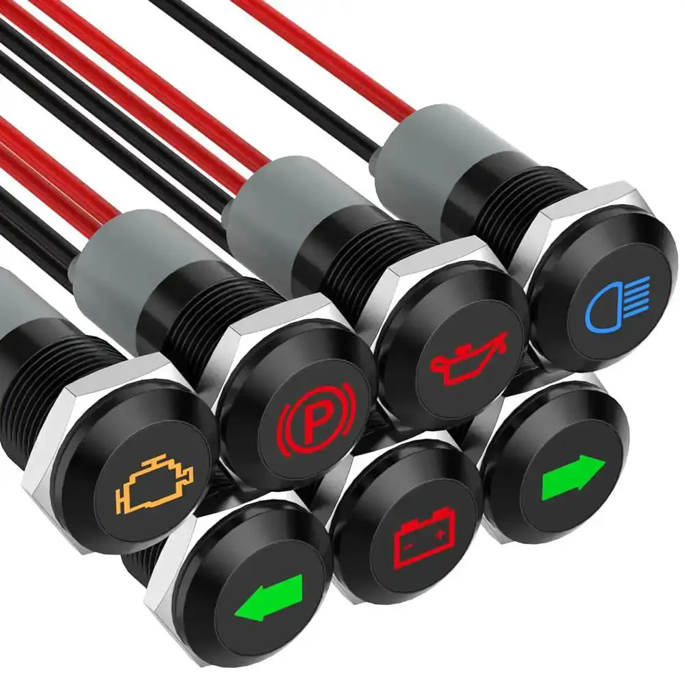 Waterproof Metal LED Indicator Light Set For Dash Panel Mount 12V 24V Half Inch Cutout 7-Piece Kit With Green Turn Signals And Red Parking Brake And Oil Pressure Indicators 145mm Wire Harness