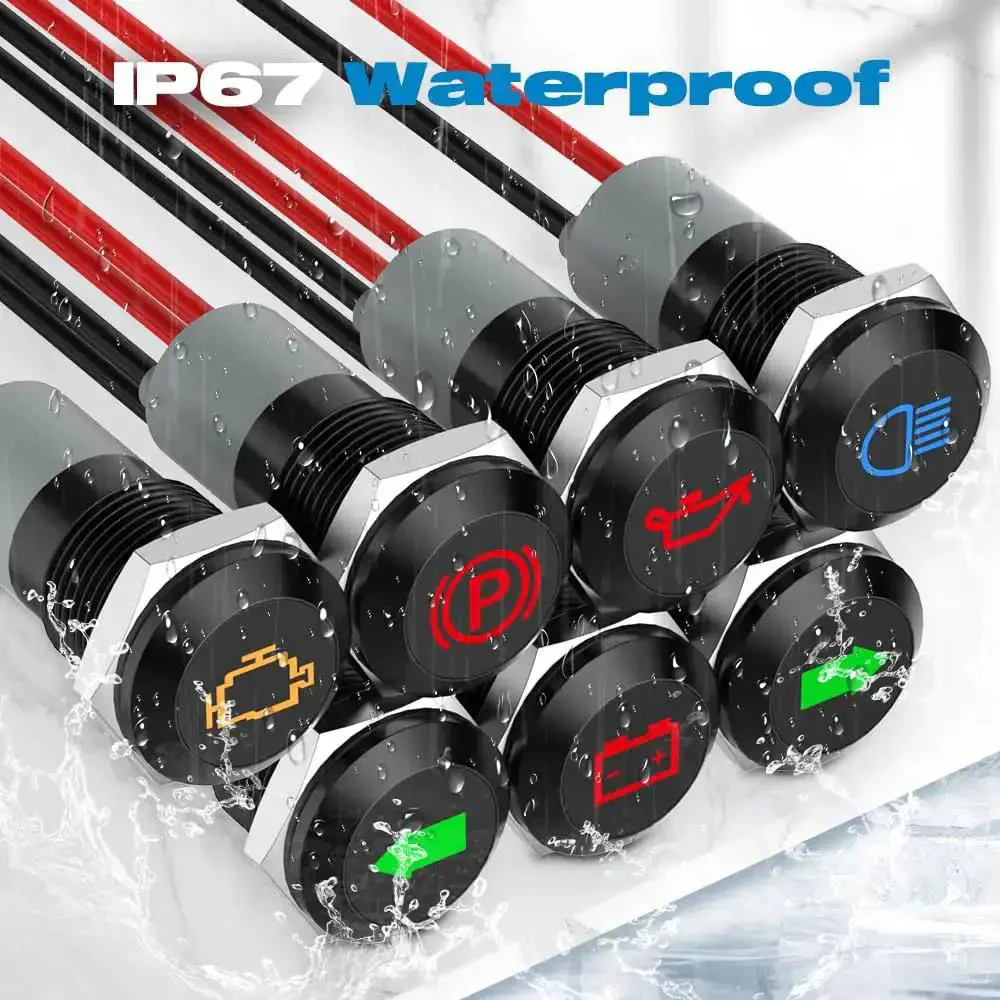Waterproof Metal LED Indicator Light Set For Dash Panel Mount 12V 24V Half Inch Cutout 7-Piece Kit With Green Turn Signals And Red Parking Brake And Oil Pressure Indicators 145mm Wire Harness - Image 5