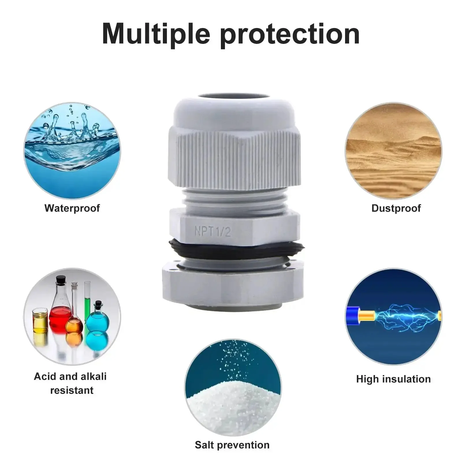 Waterproof NPT Cable Glands Half Inch Gray Nylon 25 Pack Adjustable Cable Gland Strain Relief Cord Grips Connector with Gaskets and Locknut for Durable Enclosures and Electrical Wiring - Image 3
