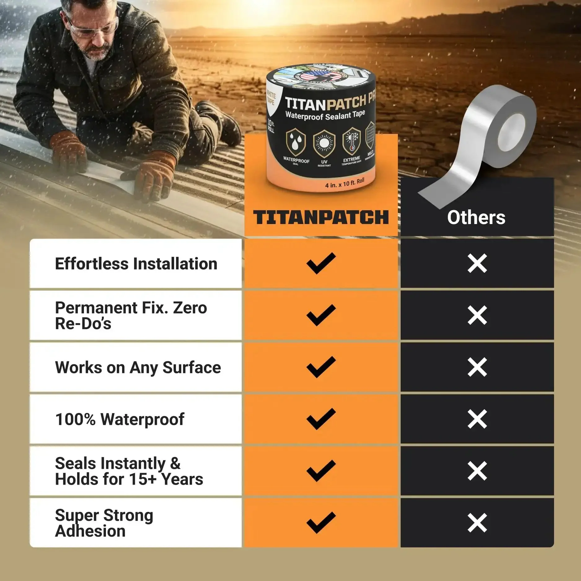 Waterproof Sealant Tape That Stops Leaks Fast And Stays Sealed For 15 Plus Years 4 Inch By 10 Foot Sticks To RVs Roofs Pools Boats Gutters Withstands Harsh Weather From Minus Forty To One Hundred Ninety Degrees - Image 3