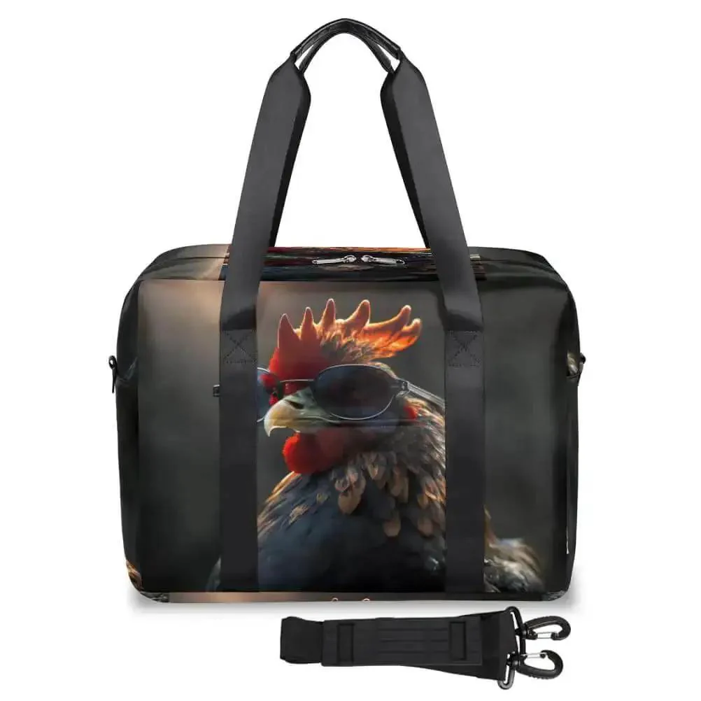 Waterproof Weekender Carry On Duffel For Women Durable Gym Bag And Overnight Travel Tote Lightweight Tear Resistant Polyester Black Rooster Design Perfect For Weekend Getaways And Fitness Trips