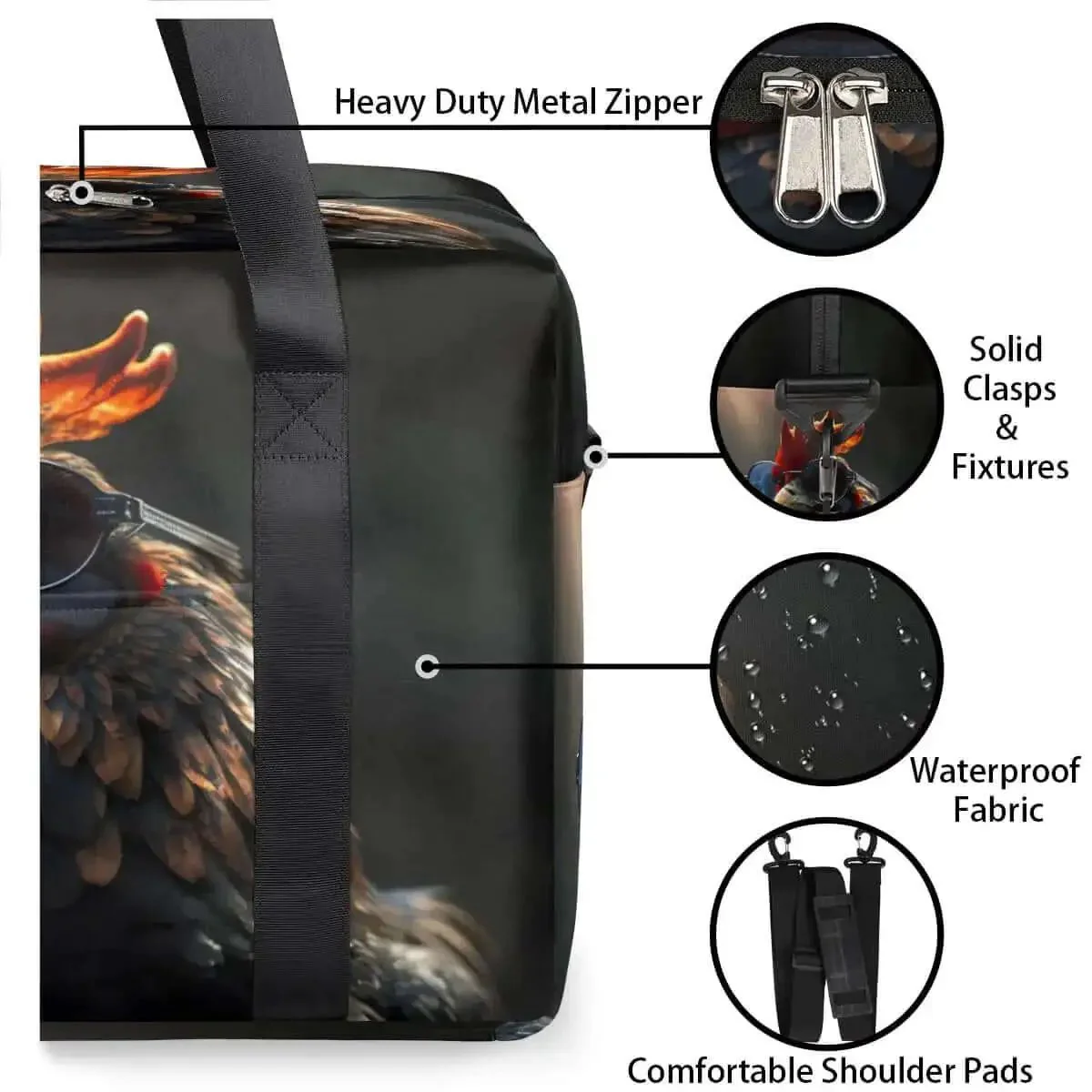 Waterproof Weekender Carry On Duffel For Women Durable Gym Bag And Overnight Travel Tote Lightweight Tear Resistant Polyester Black Rooster Design Perfect For Weekend Getaways And Fitness Trips - Image 7