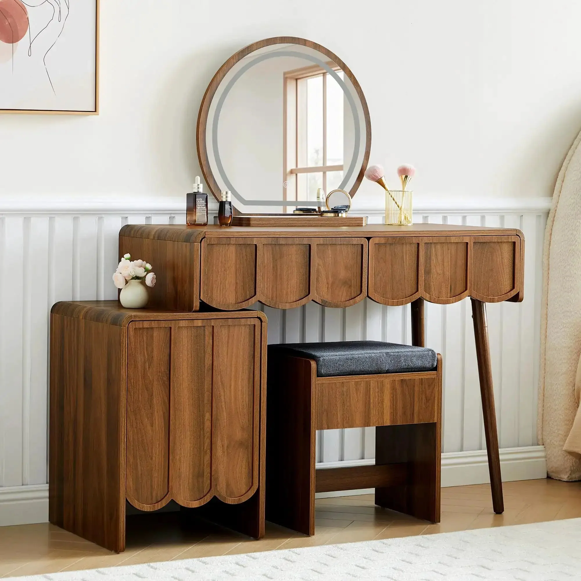 Wave Vanity Desk With Lighted Round Mirror And Modern Walnut Finish, Makeup Table With Drawer And Cabinet Storage, Bench Seat, Dressing Table Setup For Bedroom, Home Salon, And Makeup Room