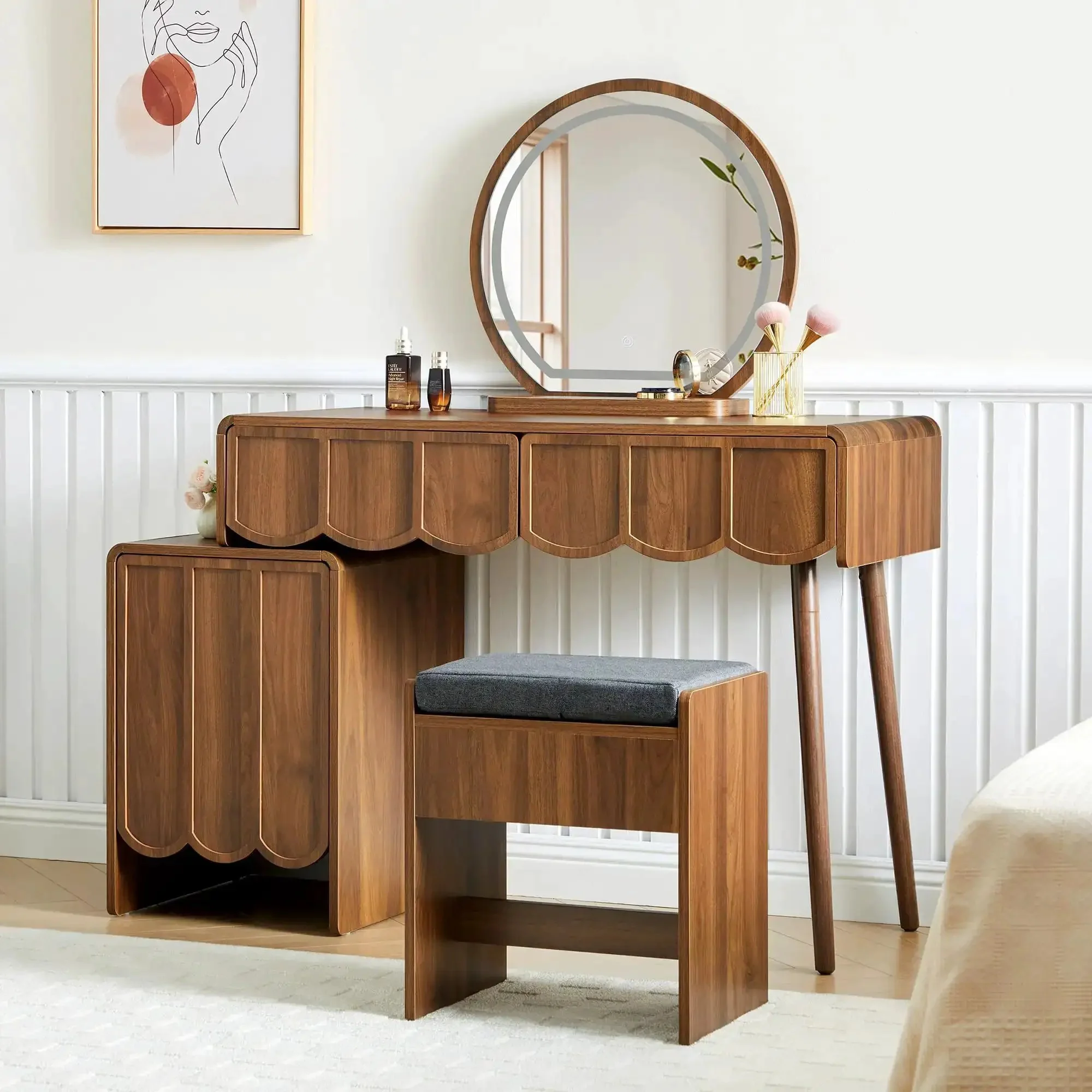 Wave Vanity Desk With Lighted Round Mirror And Modern Walnut Finish, Makeup Table With Drawer And Cabinet Storage, Bench Seat, Dressing Table Setup For Bedroom, Home Salon, And Makeup Room - Image 2
