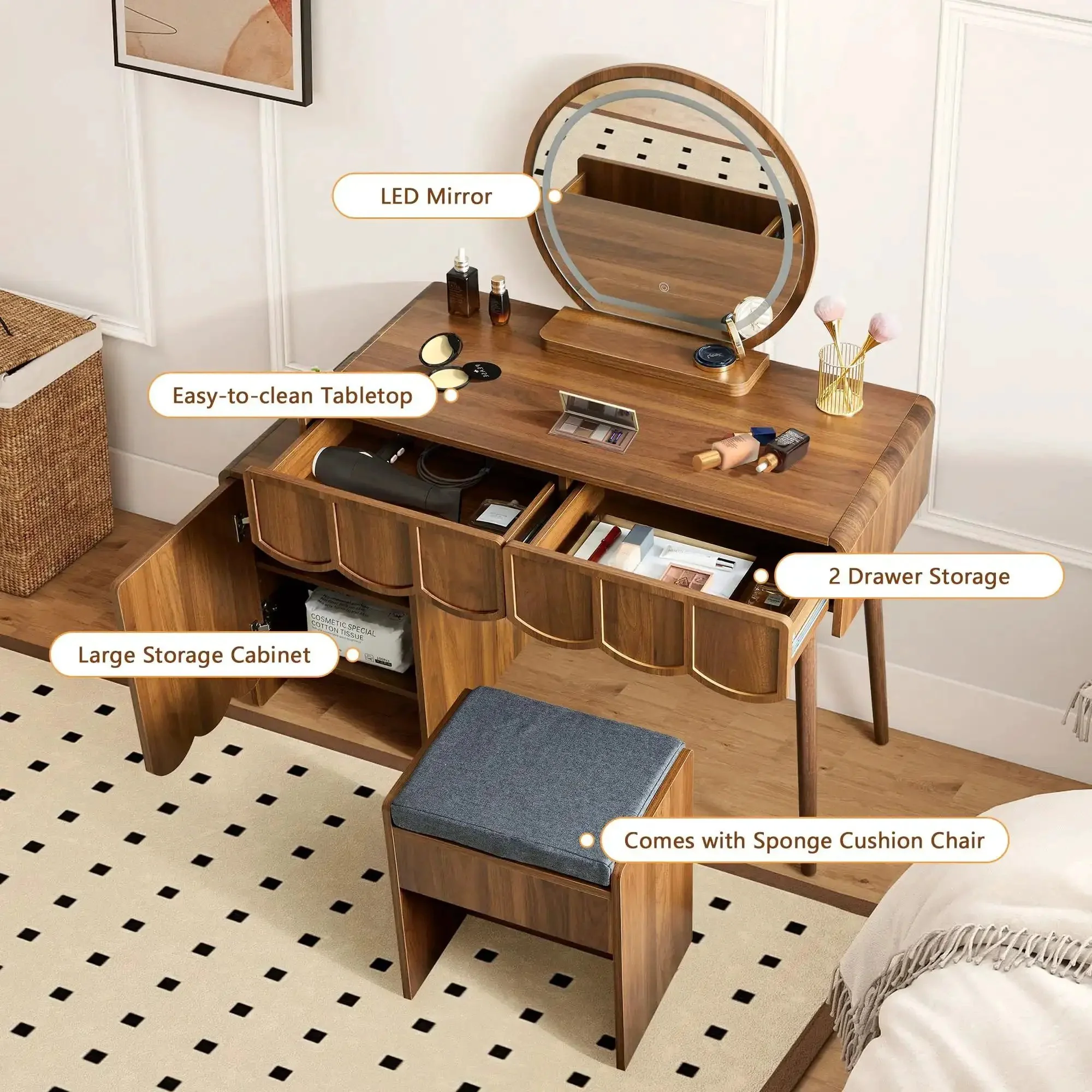 Wave Vanity Desk With Lighted Round Mirror And Modern Walnut Finish, Makeup Table With Drawer And Cabinet Storage, Bench Seat, Dressing Table Setup For Bedroom, Home Salon, And Makeup Room - Image 5