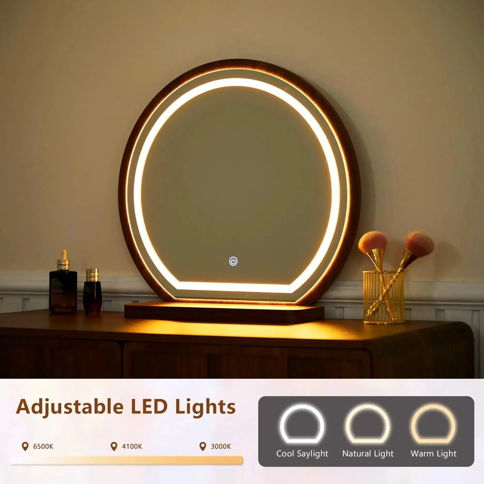 Wave Vanity Desk With Lighted Round Mirror And Modern Walnut Finish, Makeup Table With Drawer And Cabinet Storage, Bench Seat, Dressing Table Setup For Bedroom, Home Salon, And Makeup Room - Image 6