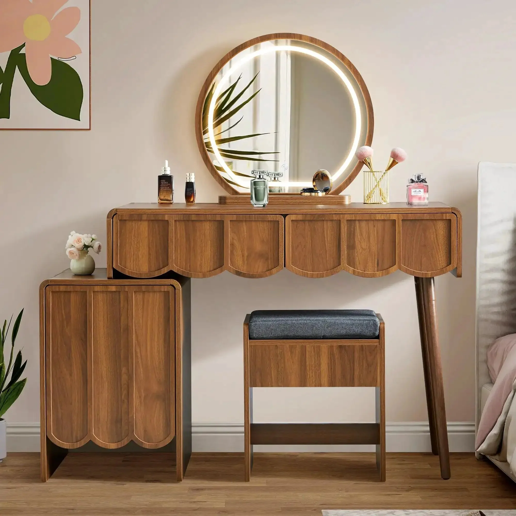 Wave Vanity Desk With Lighted Round Mirror And Modern Walnut Finish, Makeup Table With Drawer And Cabinet Storage, Bench Seat, Dressing Table Setup For Bedroom, Home Salon, And Makeup Room - Image 7