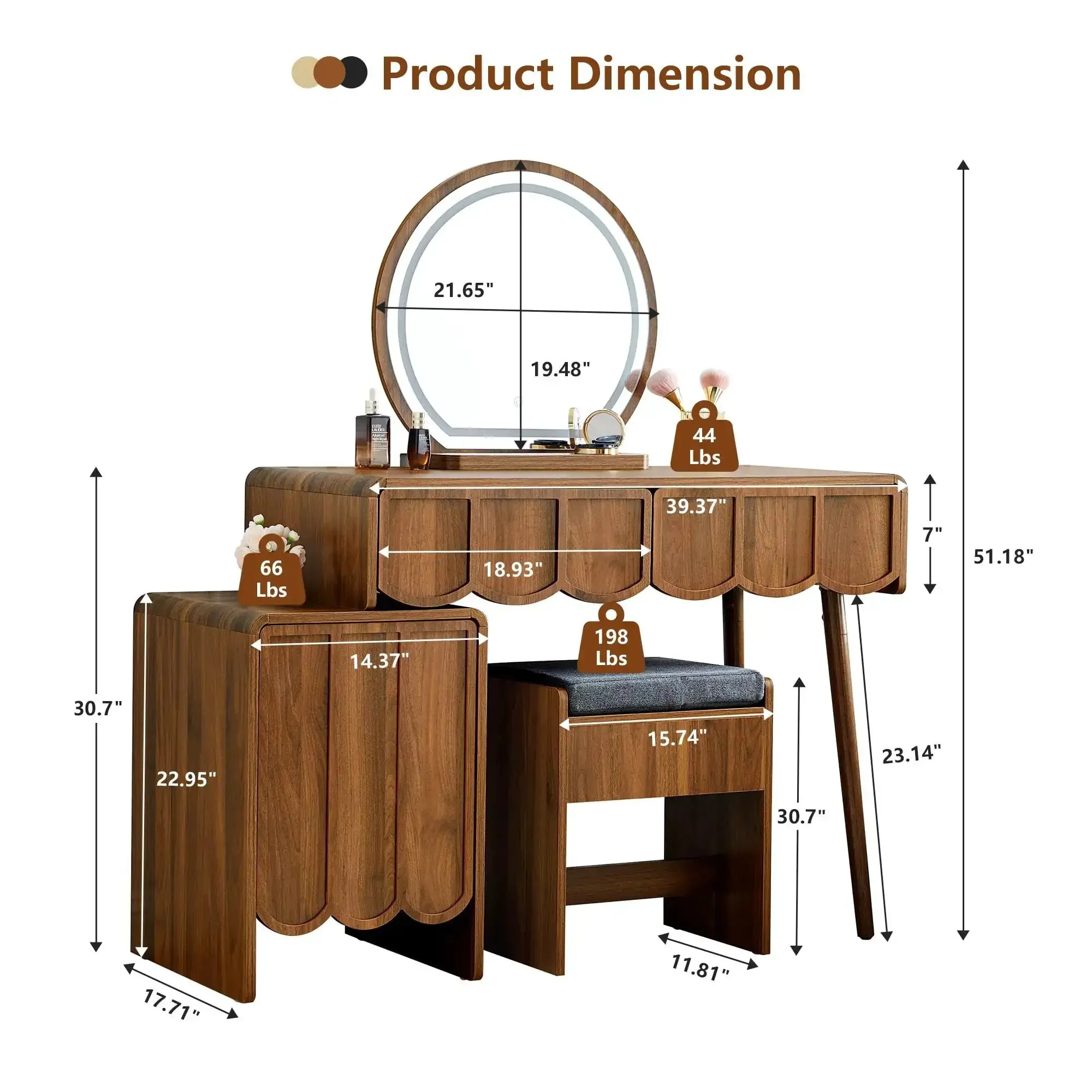 Wave Vanity Desk With Lighted Round Mirror And Modern Walnut Finish, Makeup Table With Drawer And Cabinet Storage, Bench Seat, Dressing Table Setup For Bedroom, Home Salon, And Makeup Room - Image 8