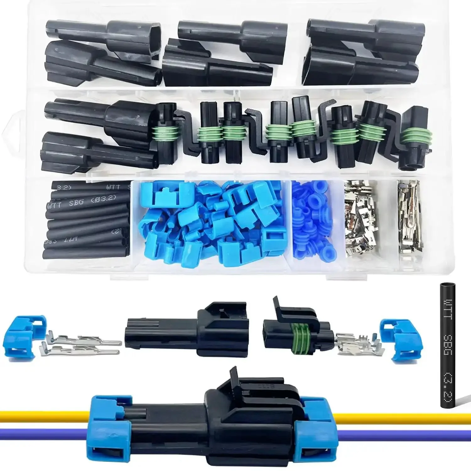 Weather Pack 2 Pin Waterproof Automotive Connector Kit With Male And Female Terminals For 14 To 12 AWG Wire Includes 8 Sets And 32 Pcs Heat Shrink Tubing With Glue For Reliable Electrical Wiring