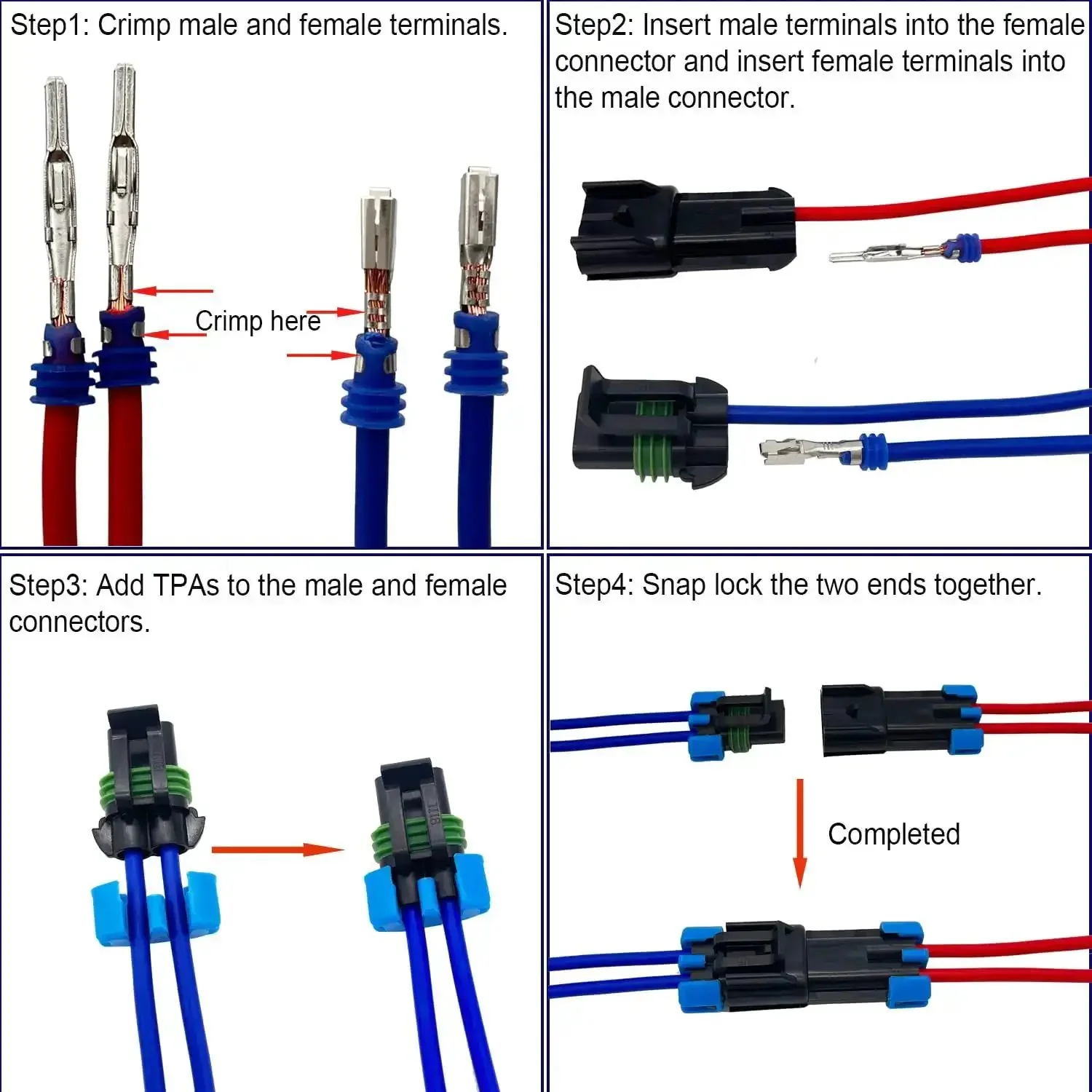 Weather Pack 2 Pin Waterproof Automotive Connector Kit With Male And Female Terminals For 14 To 12 AWG Wire Includes 8 Sets And 32 Pcs Heat Shrink Tubing With Glue For Reliable Electrical Wiring - Image 3
