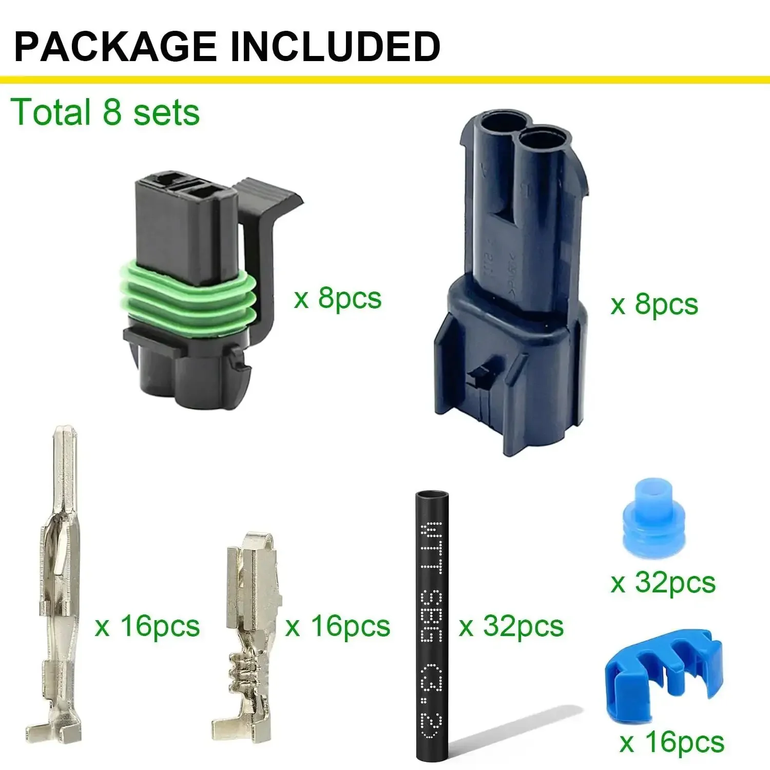 Weather Pack 2 Pin Waterproof Automotive Connector Kit With Male And Female Terminals For 14 To 12 AWG Wire Includes 8 Sets And 32 Pcs Heat Shrink Tubing With Glue For Reliable Electrical Wiring - Image 7