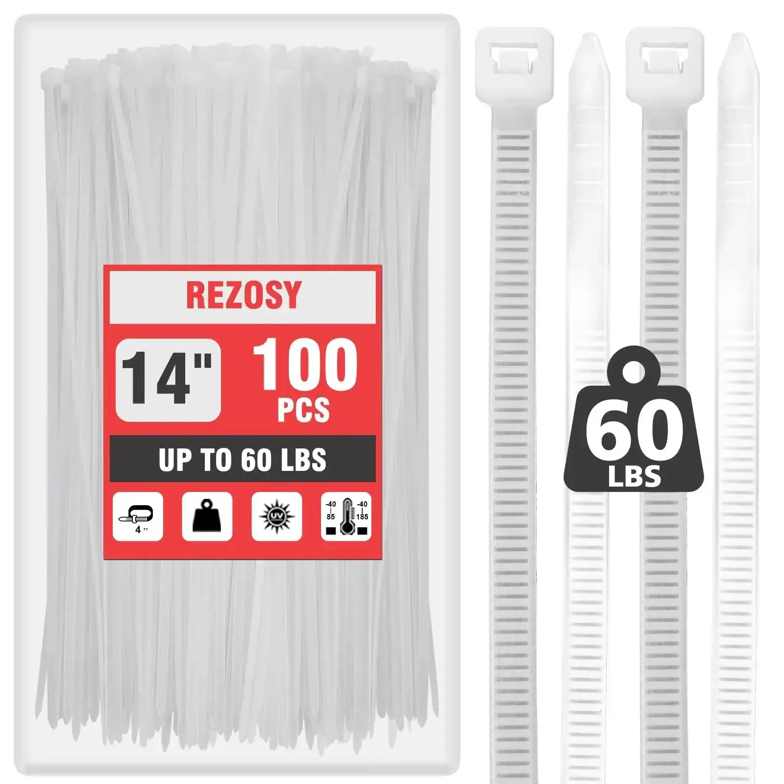 White Clear Zip Ties 14 Inch 100 Pack 60 Lb Beefy Heavy Duty UV Resistant Self Locking Nylon Cable Ties For Outdoor Use Great For DIY Fixes And Rugged Projects