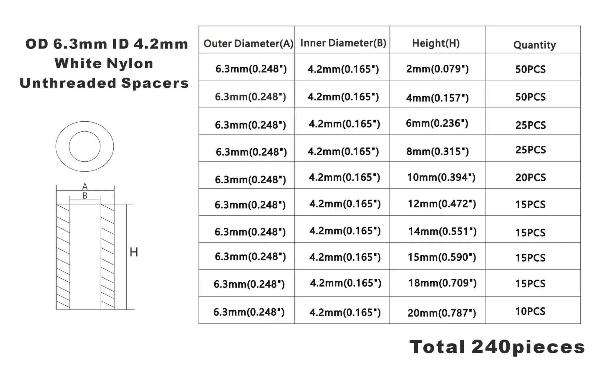 White Nylon Unthreaded Clearance Spacers And Standoffs Kit With 6.3mm Outer Diameter And 4.2mm Inner Diameter, Wall Plate Spacers For M4 Screws, Round Straight Tube Spacers, Lengths From 2mm To 20mm - Image 5
