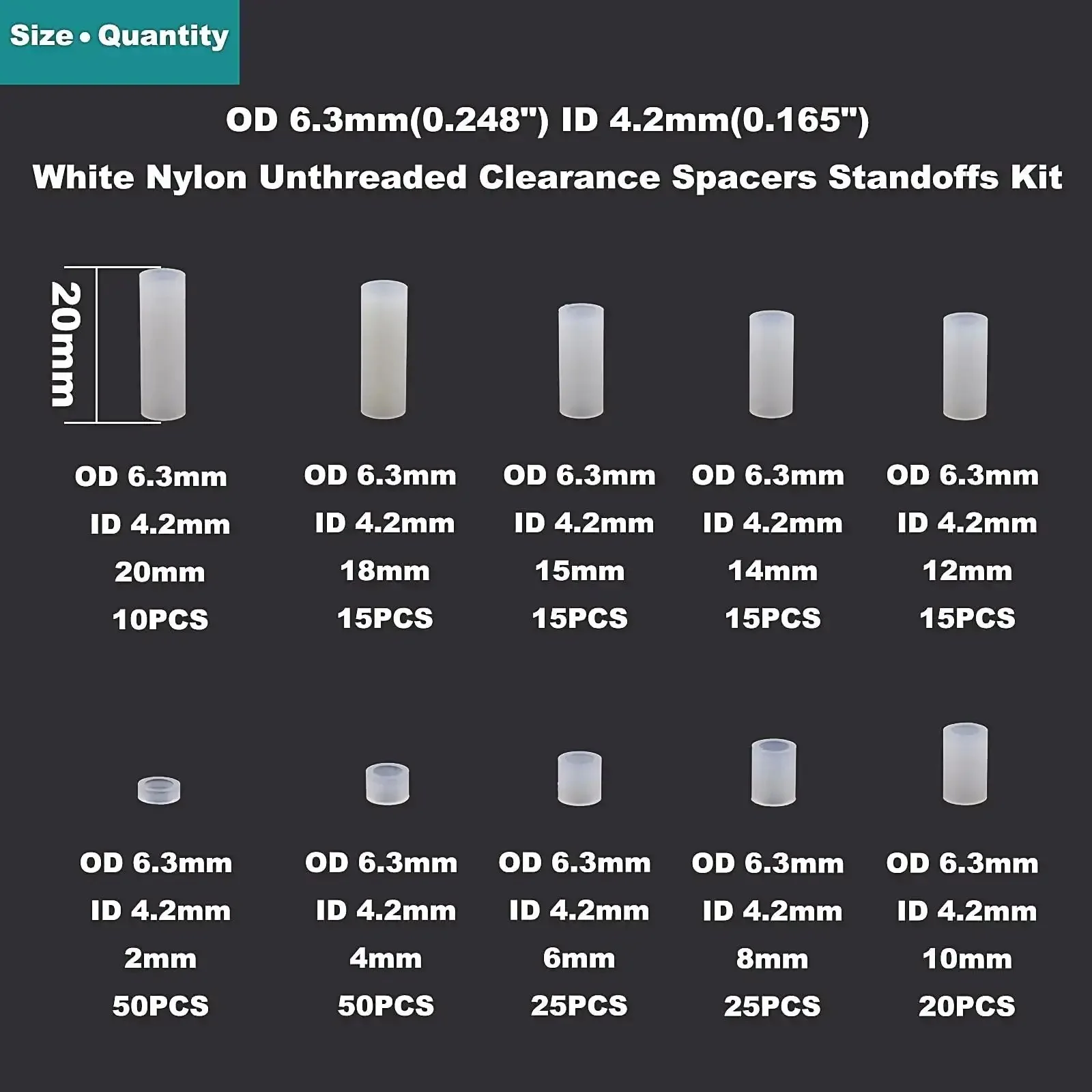 White Nylon Unthreaded Clearance Spacers And Standoffs Kit With 6.3mm Outer Diameter And 4.2mm Inner Diameter, Wall Plate Spacers For M4 Screws, Round Straight Tube Spacers, Lengths From 2mm To 20mm - Image 7