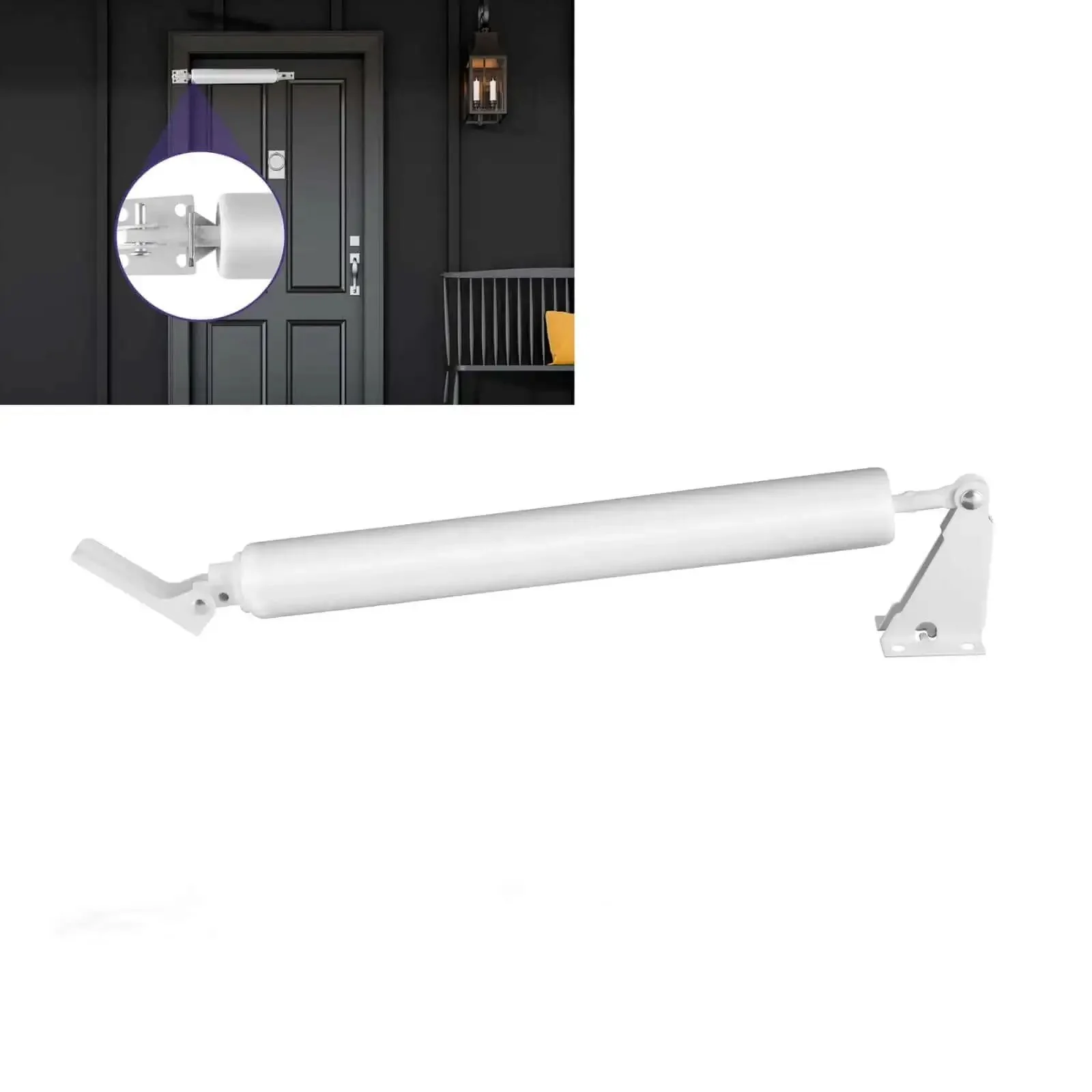 White Screen Door Closer Set Heavy Duty Pneumatic Storm Door Shock Adjustable Speed Cushioned Closure for Screen Security Doors Durable Aluminum Alloy Tube with Galvanized Shaft Rust Resistant Black Finish