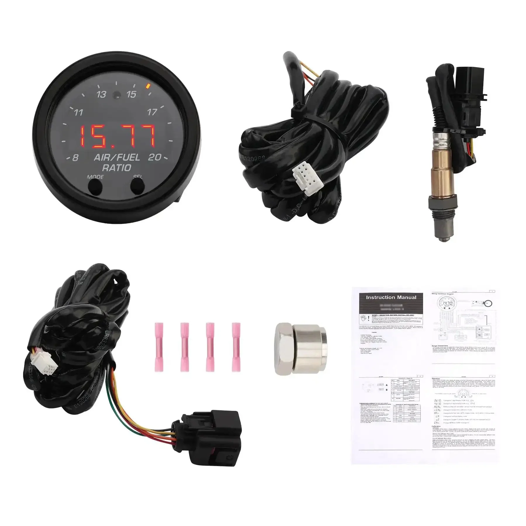 Wideband Air Fuel Ratio Gauge 52mm With LSU 4.9 Sensor AFR Lambda Controller Kit 24 Color LED Display Four Digit Readout Reversible Faceplate Switchable Air Fuel Lambda Oxygen Modes For Tuner Ready Performance
