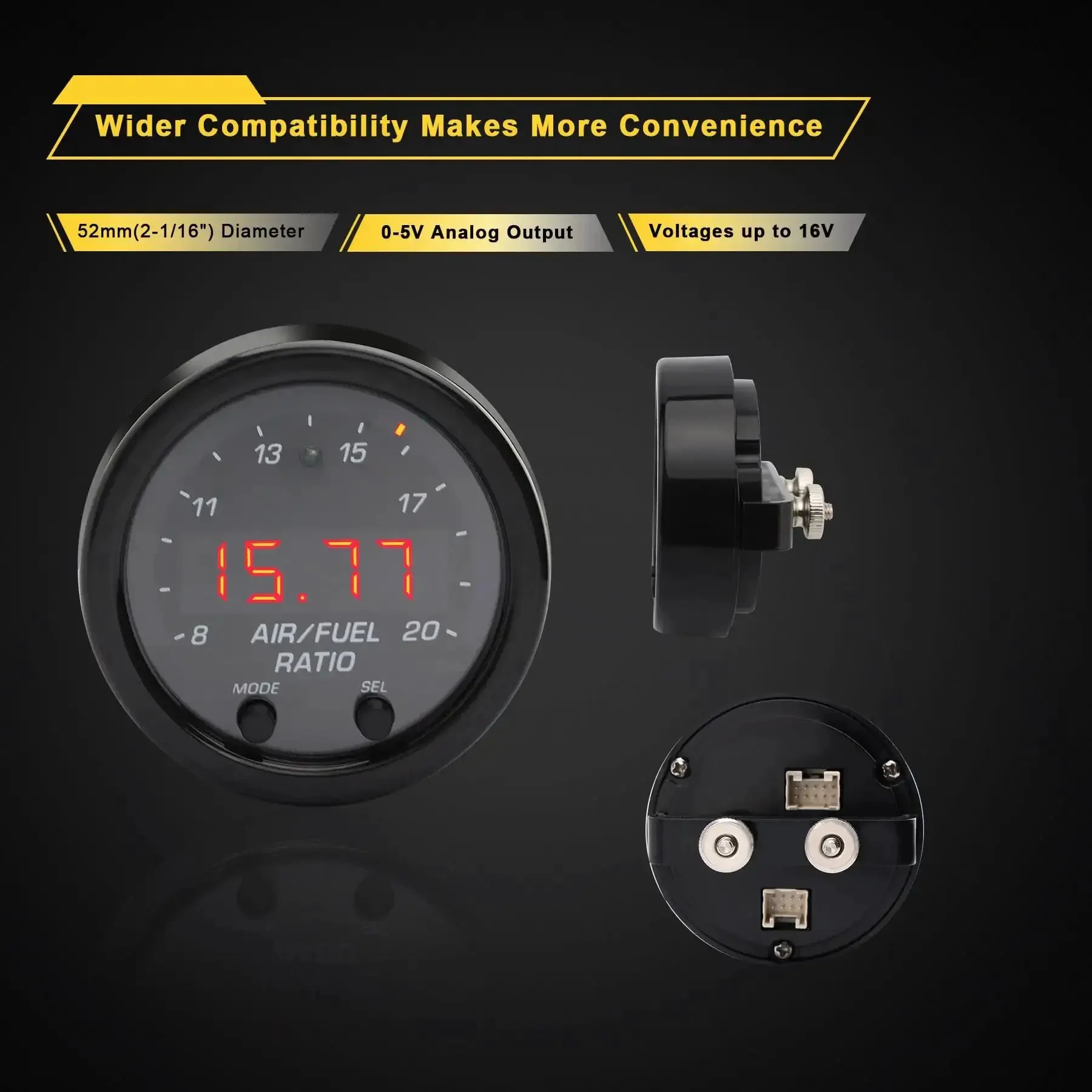 Wideband Air Fuel Ratio Gauge 52mm With LSU 4.9 Sensor AFR Lambda Controller Kit 24 Color LED Display Four Digit Readout Reversible Faceplate Switchable Air Fuel Lambda Oxygen Modes For Tuner Ready Performance - Image 8