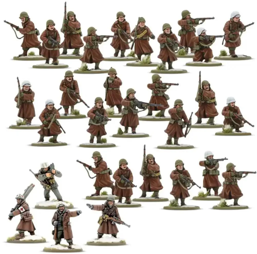 Winter US Army Bolt Action Starter Army Set With 28mm Scale Miniatures For World War II Tabletop Wargaming Includes 36 Plastic Infantry And Metal Officer NCO Medic Radio Operator Two Metal Machine Gun Teams Mortar Team And 105mm Support - Image 8