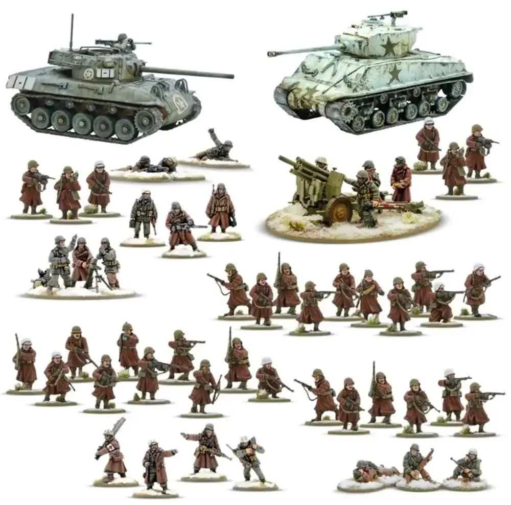 Winter US Army Bolt Action Starter Army Set With 28mm Scale Miniatures For World War II Tabletop Wargaming Includes 36 Plastic Infantry And Metal Officer NCO Medic Radio Operator Two Metal Machine Gun Teams Mortar Team And 105mm Support - Image 9