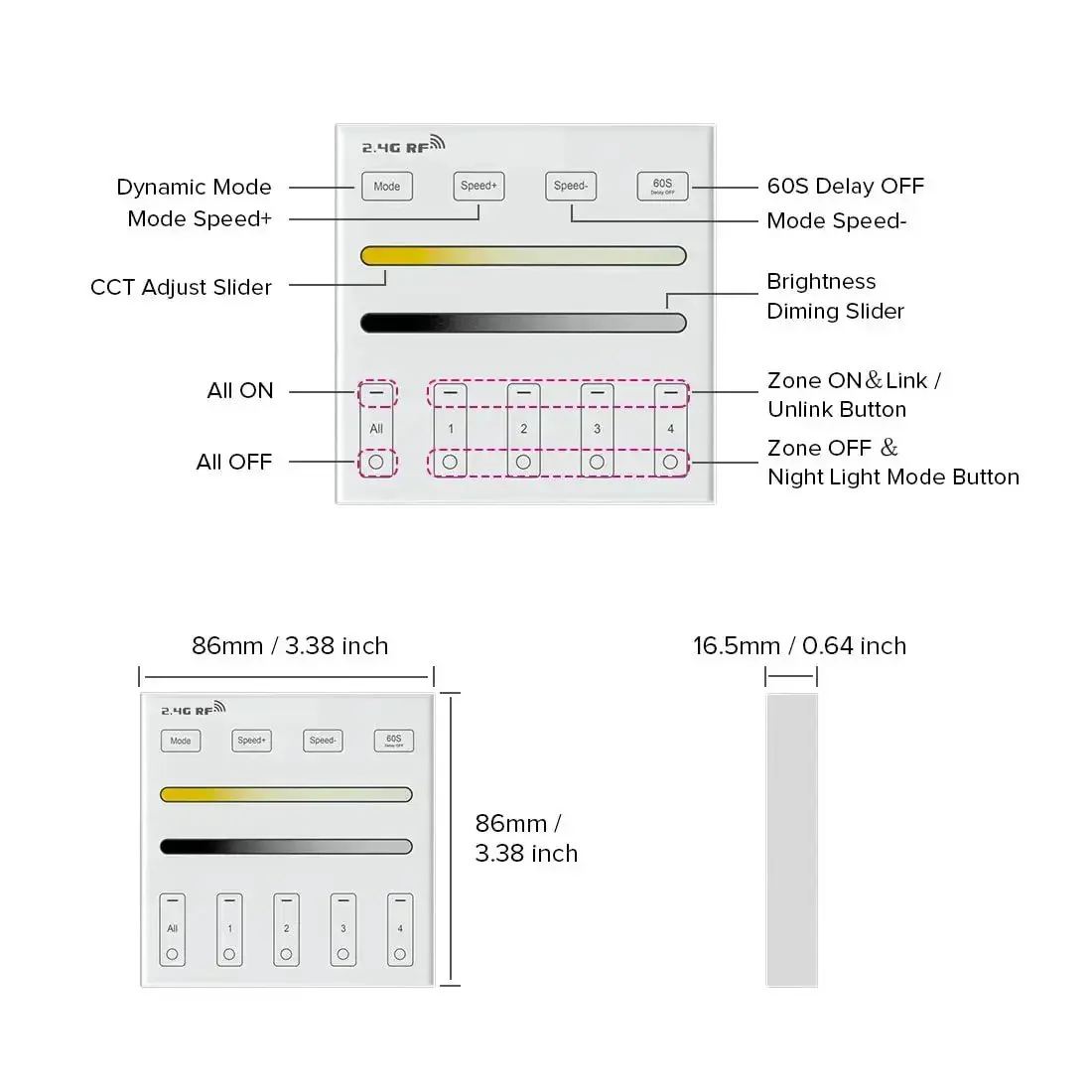 Wireless 2 4G RF 4 Zone Single Color Wall Mounted Smart Panel Remote Powered By 2xAAA Batteries 3V Works With WB5 LM052 LM053 C01RF C02RF C01W C02W PWM Controller 30 Meter Range For Easy Mood Lighting - Image 4