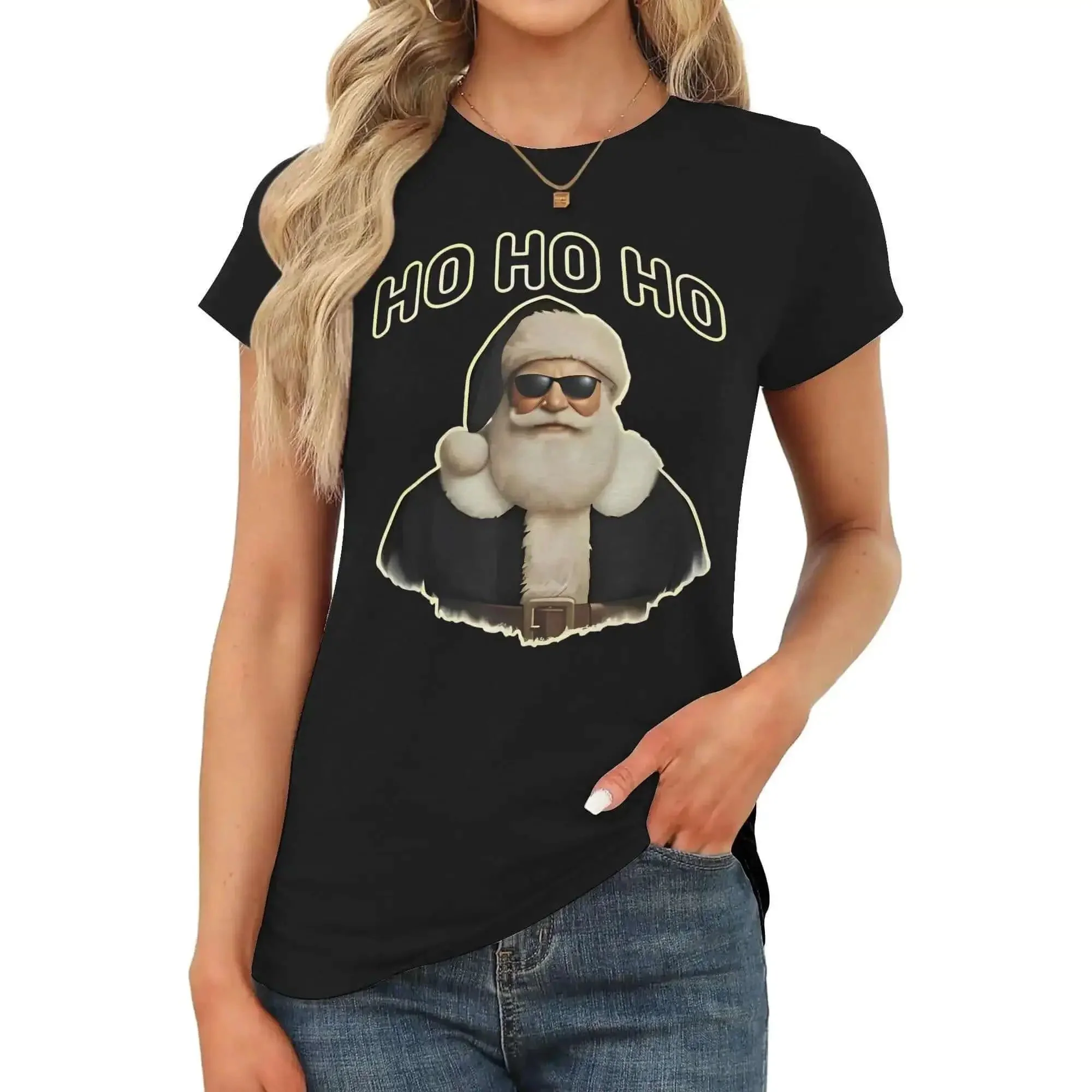 Women Santa Graphic Tee With Black Hat And Sunglasses, Short Sleeve Crewneck Shirt, Festive Xmas Holiday Top For Casual Wear, Soft, Comfortable Cotton Tee Built For Everyday Comfort And Holiday Vibe - Image 4