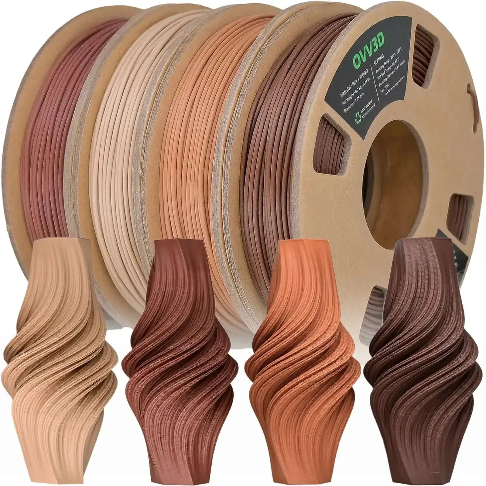 Wood PLA Filament Bundle 1.75mm 200g Each Four Pack With Real Wood Fiber Over 30 Percent In Walnut Oak Cherry Teak For 3D Printing That Looks Like Real Wood Grain For DIYers Premium Wood Finish Filament Set