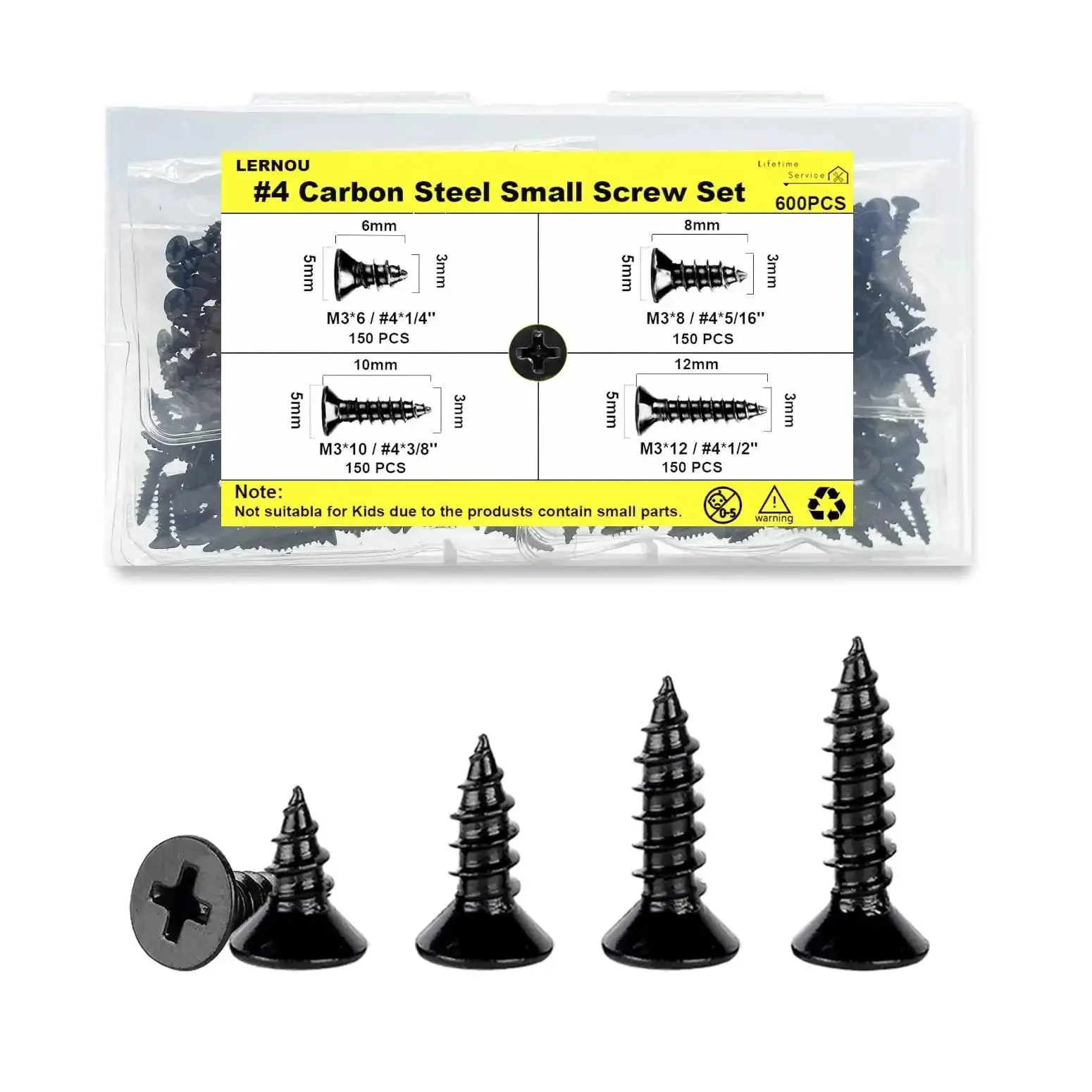 Wood Screws Assortment Kit With 600 Pieces Self Tapping Phillips Drive Flat Head Carbon Steel Black Screws In Four Sizes Quarter Inch Five Sixteenths Inch Three Eighths Inch And Half Inch For Woodworking Hardwood Drywall
