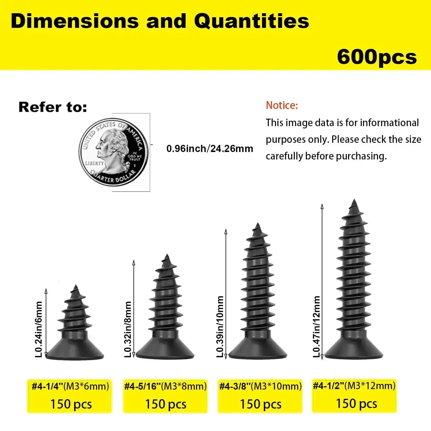 Wood Screws Assortment Kit With 600 Pieces Self Tapping Phillips Drive Flat Head Carbon Steel Black Screws In Four Sizes Quarter Inch Five Sixteenths Inch Three Eighths Inch And Half Inch For Woodworking Hardwood Drywall - Image 6
