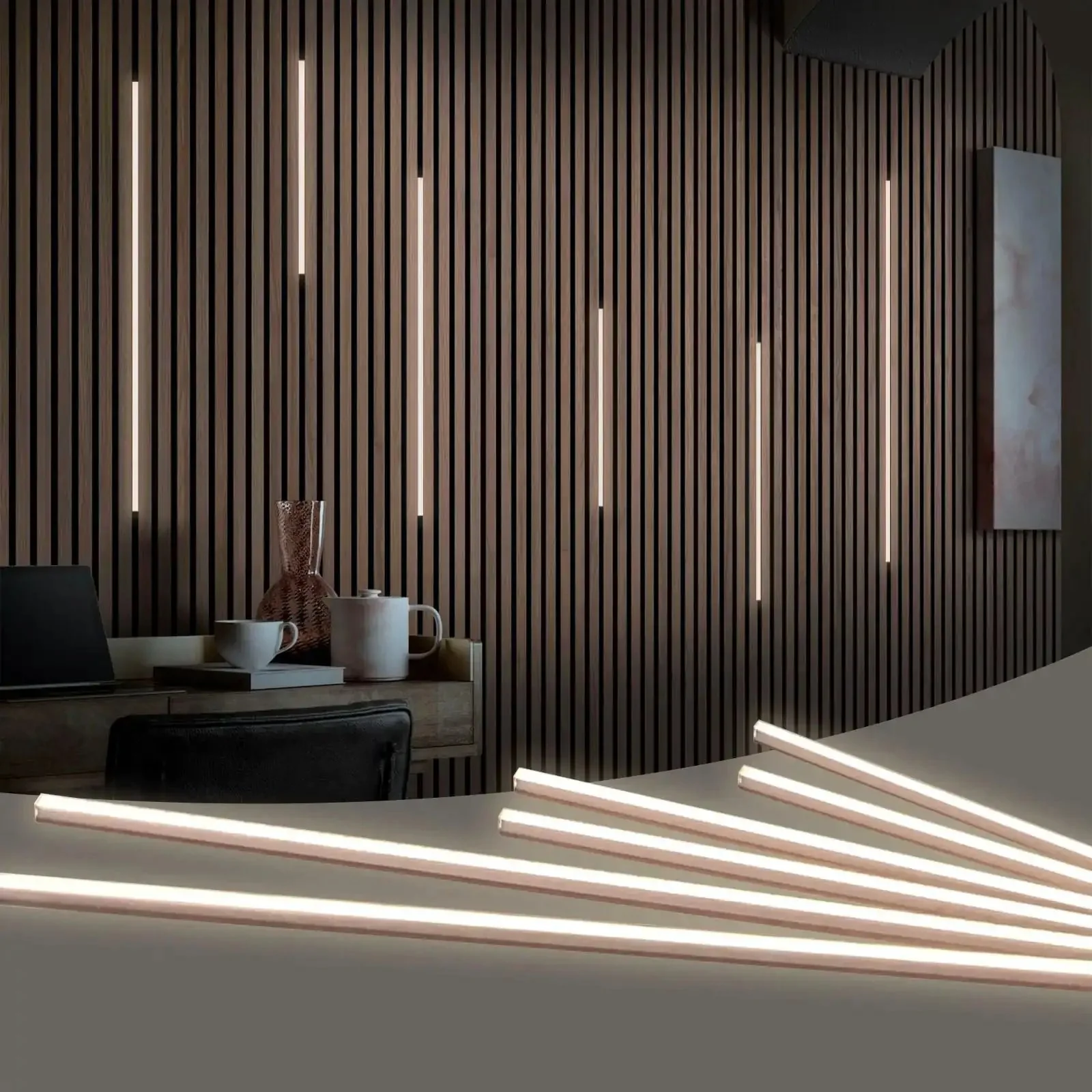 Wood Slat Wall Panel LED Recessed Lighting Kit With 6 Pcs DC12V Adhesive Acoustic Panel Lights And Touch Switch 4000K Natural White Glow For Wood Walls Headboard And Under Cabinet Accent Lighting DIY Friendly