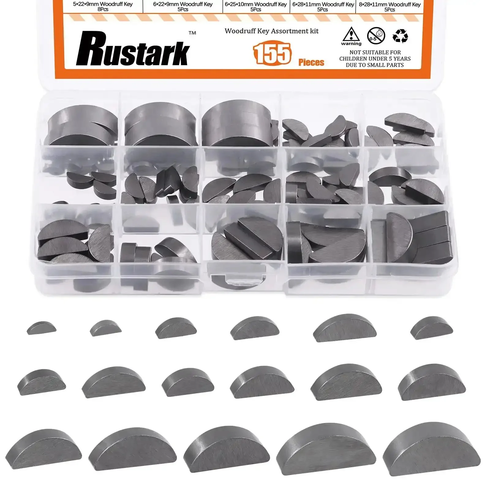 Woodruff Key Stock Assortment Kit 155 Piece Half Moon Semicircle Flywheel Key Set With 17 Sizes Metric Hardware For Mechanical Projects And DIY Enthusiasts For Home Or Workshop Use