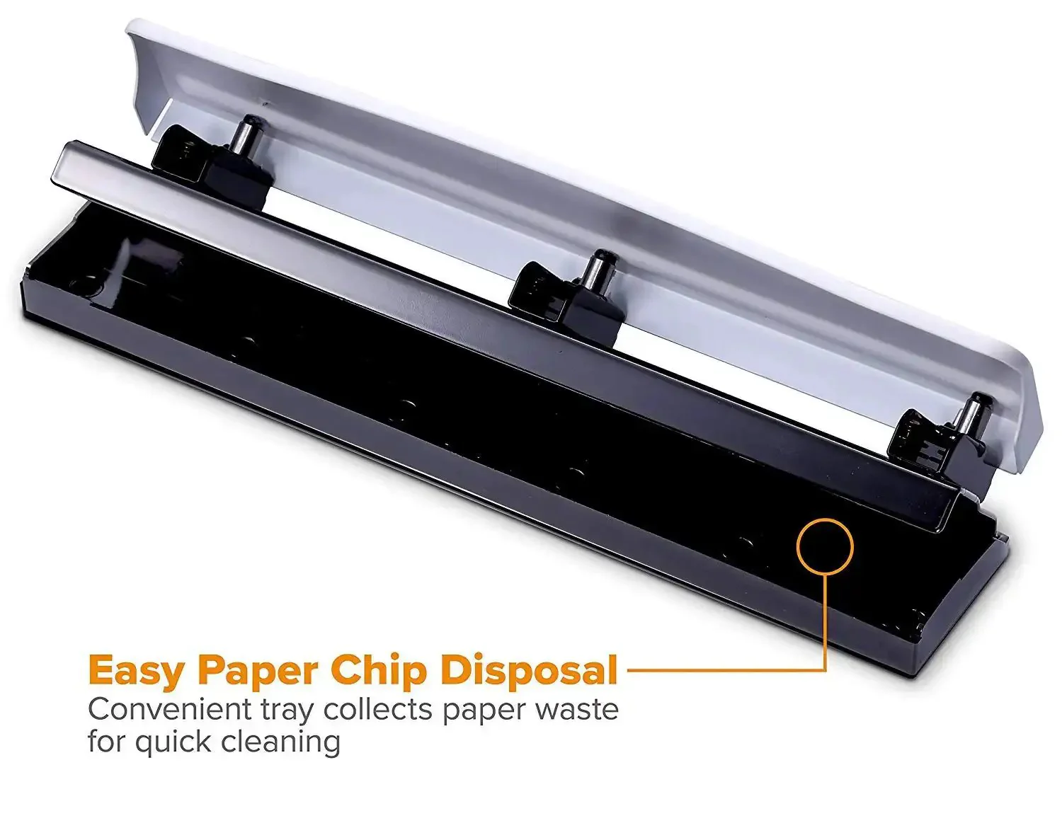 Workhorse 3 Hole Punch For Office Use, 12 Sheet Capacity, Solid Metal Construction, Rubber Base For Desk Protection, Easy Clean Chip Tray, White Finish, Heavy Duty Desk Essential - Image 7